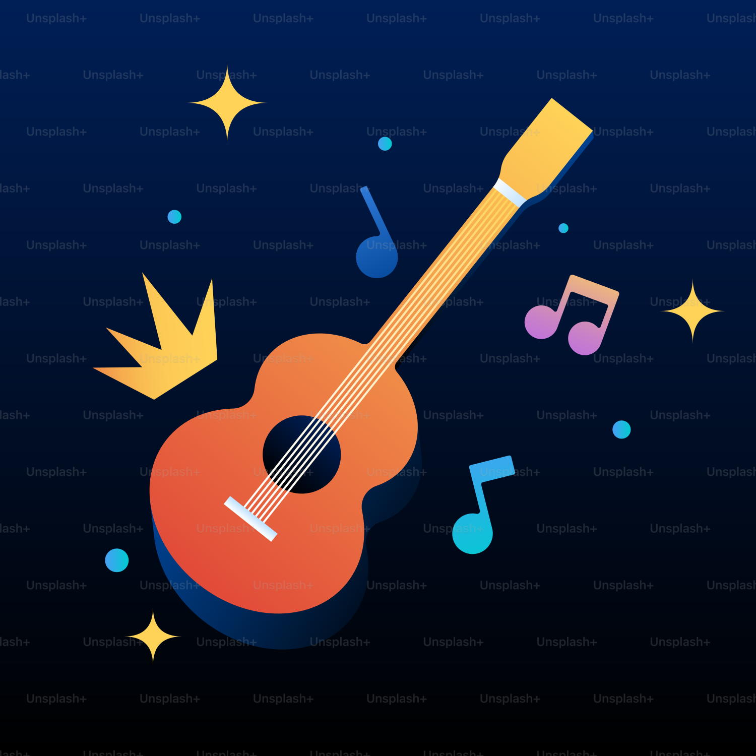 Una guitarra con notas musicales y estrellas a su alrededor