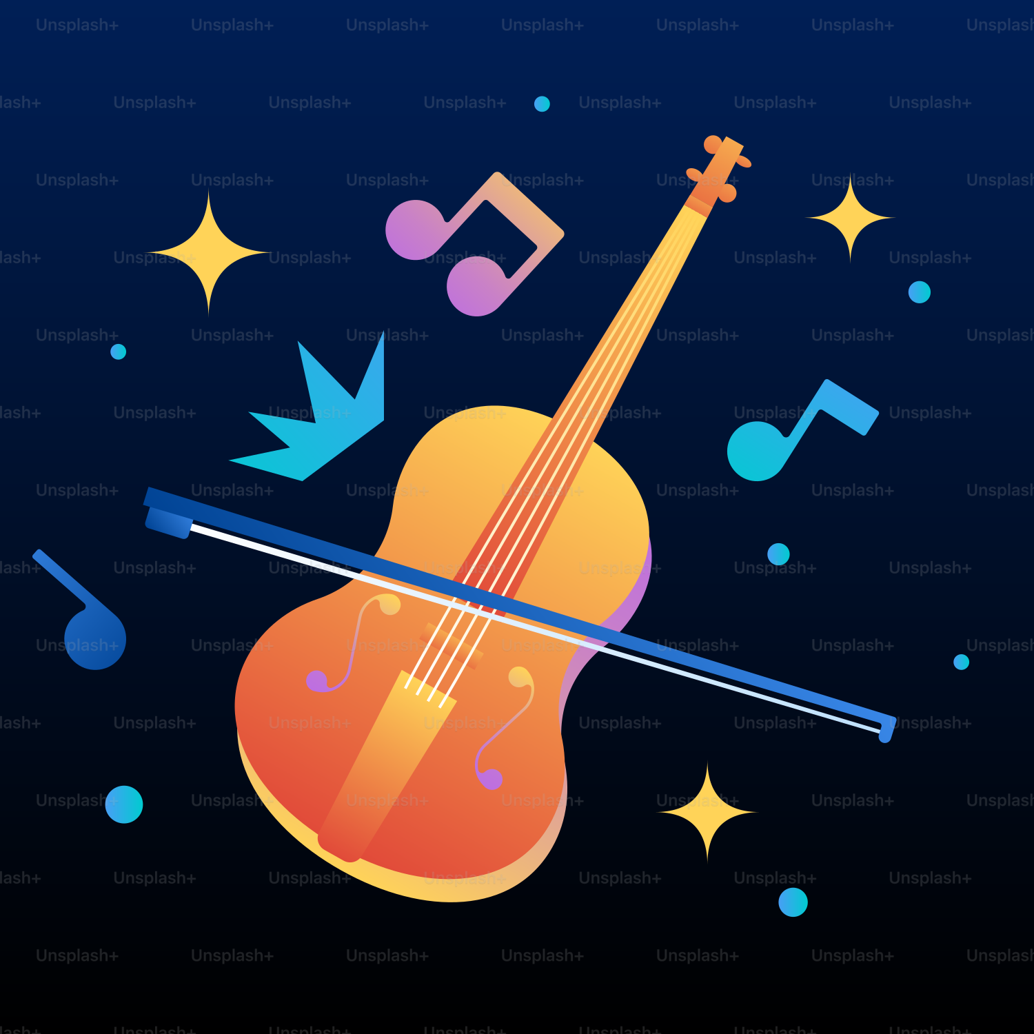A violin with music notes and stars around it