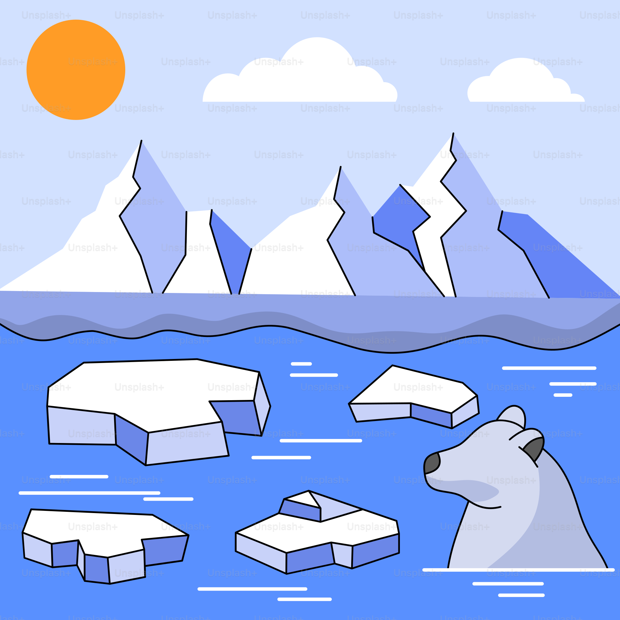 A polar bear swimming in the water with icebergs in the background