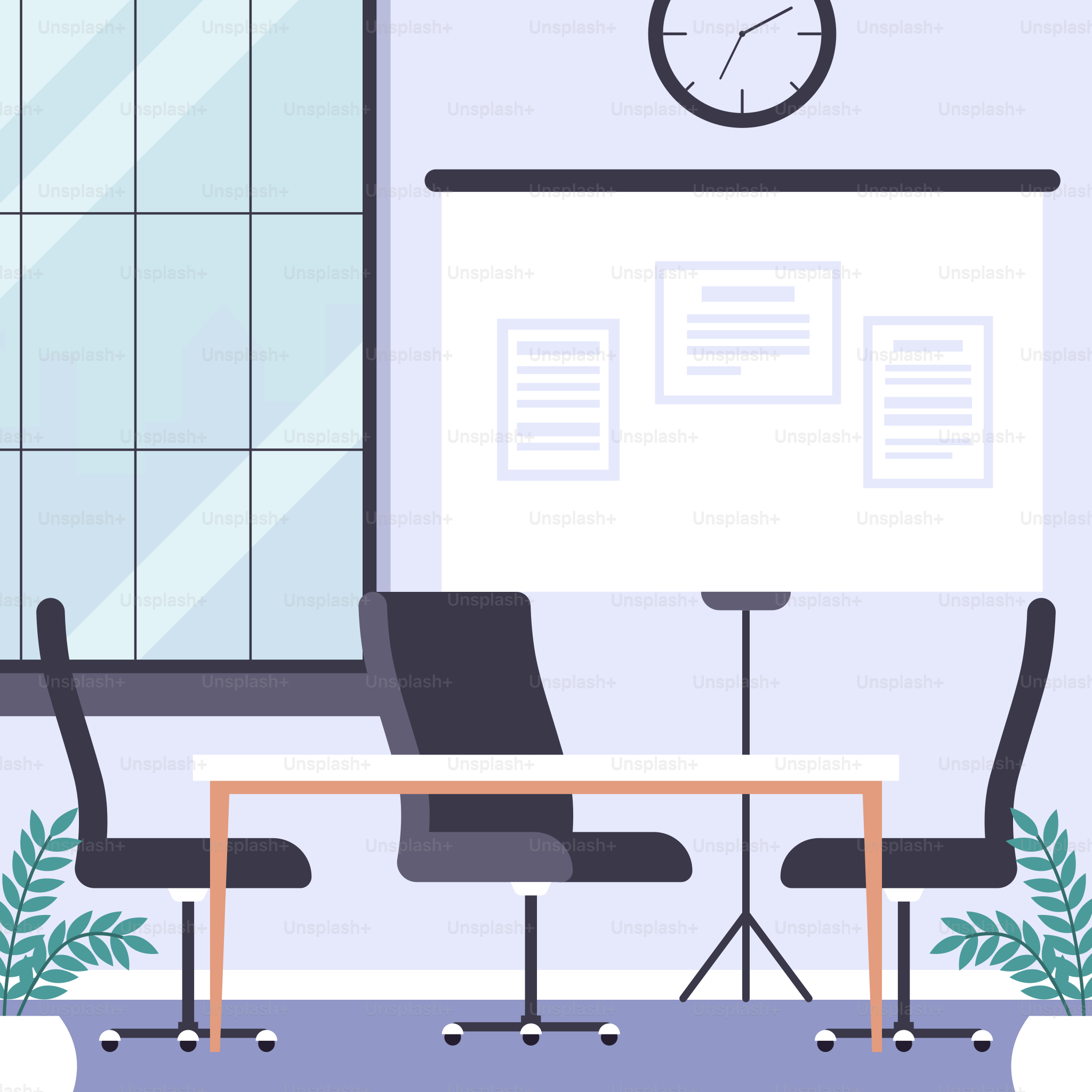 A room with a desk, chairs and a clock on the wall