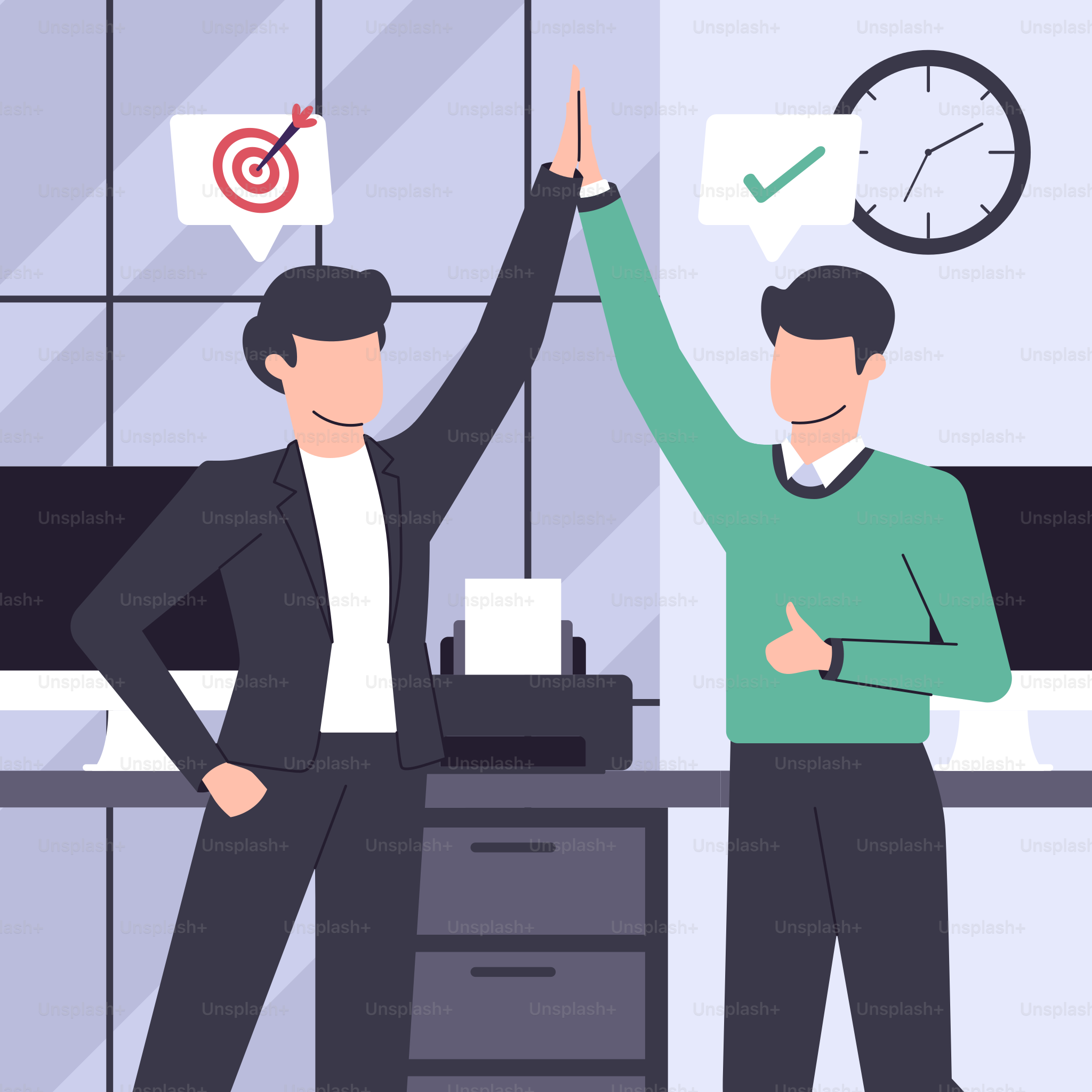 Two men standing in an office with a clock on the wall