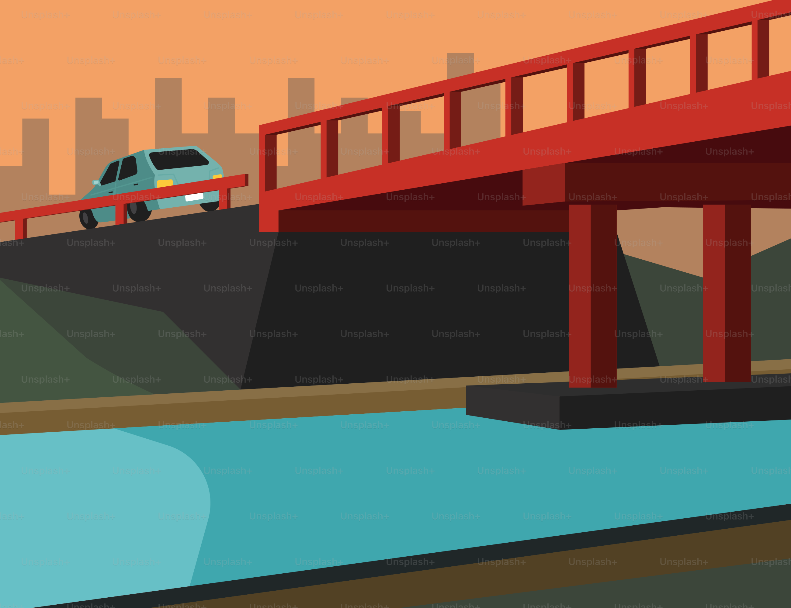A car driving over a bridge over a body of water