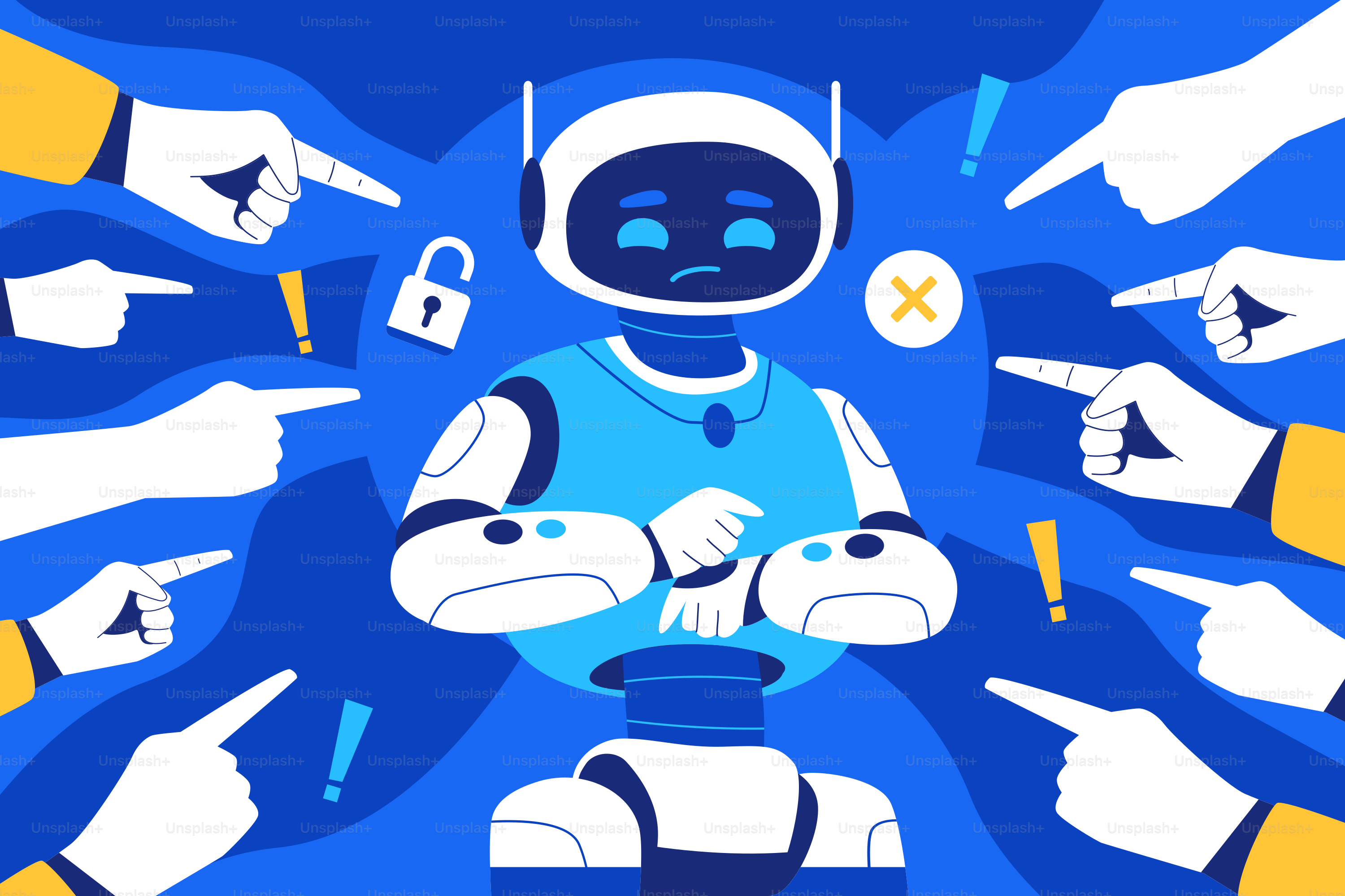 A robot surrounded by many thumbs pointing at something