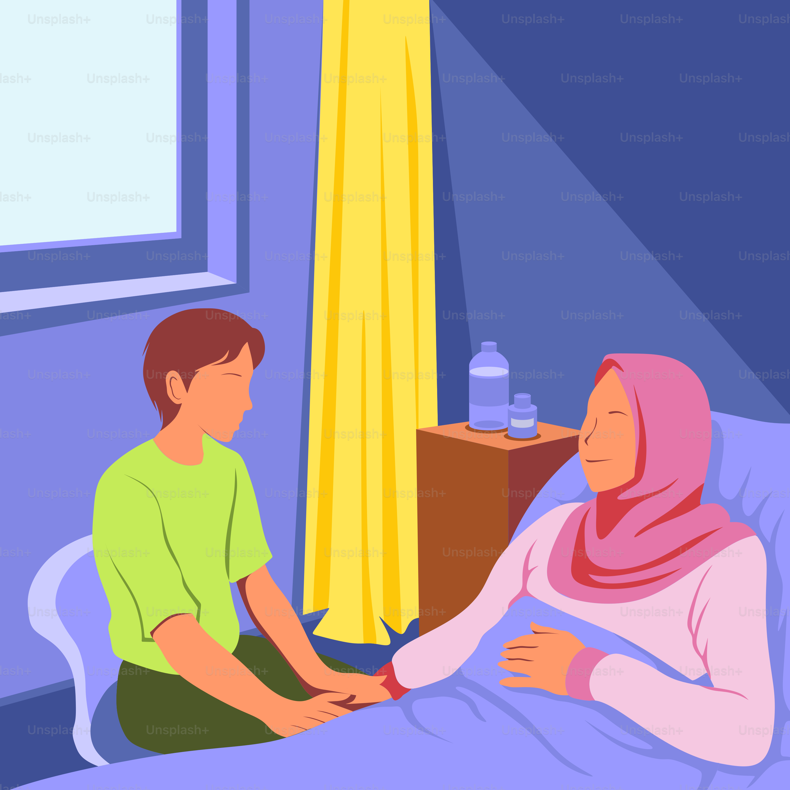 A woman sitting in a hospital bed talking to a man