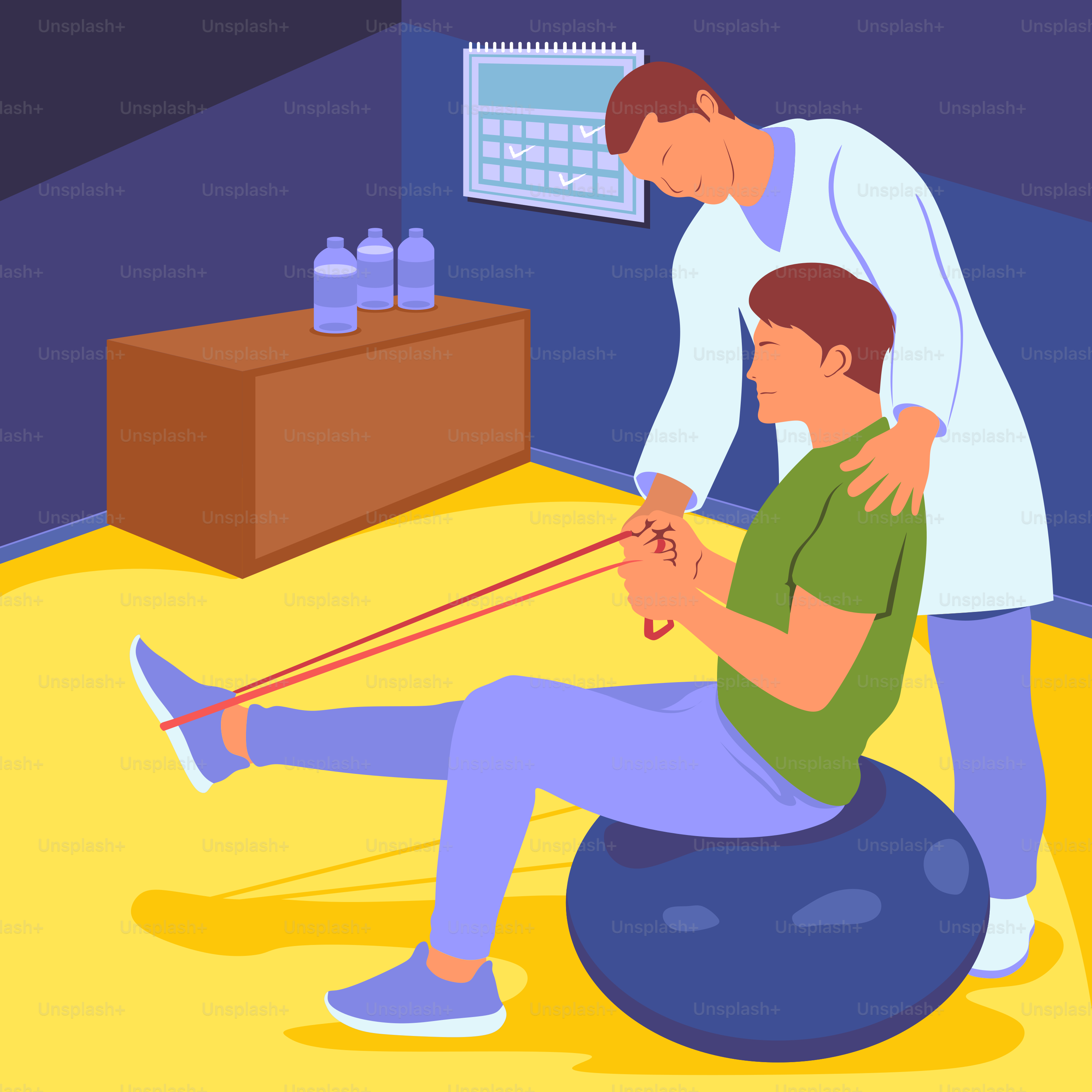 A man is sitting on a ball while another man holds a rope