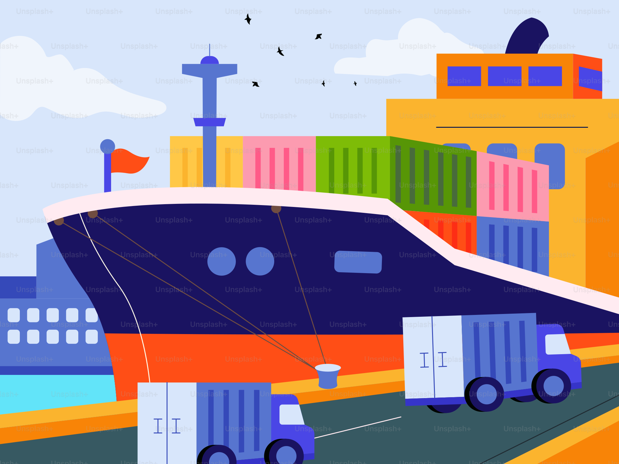 A cartoon of a truck pulling a large cargo ship