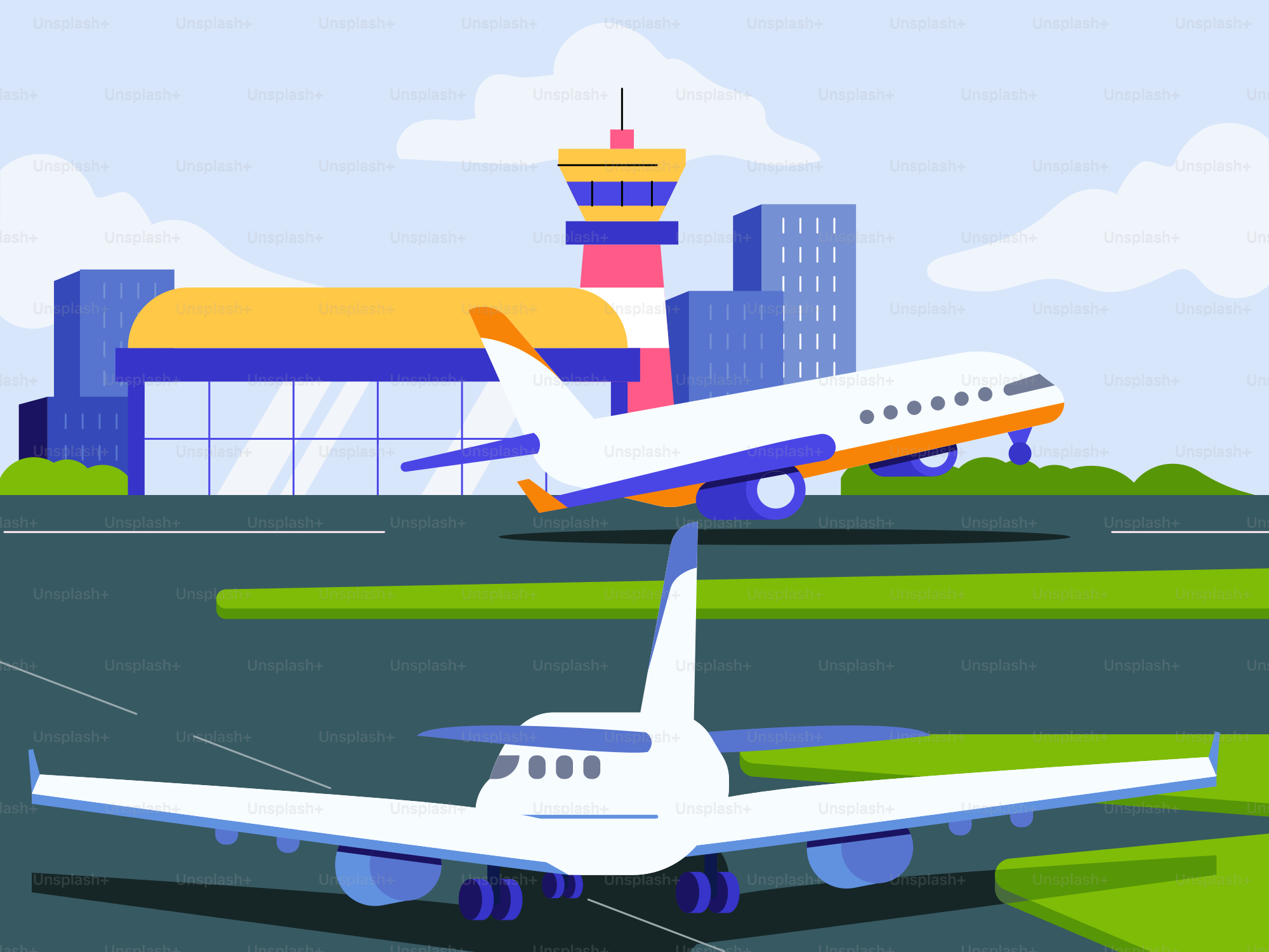 An airplane is taking off from an airport runway