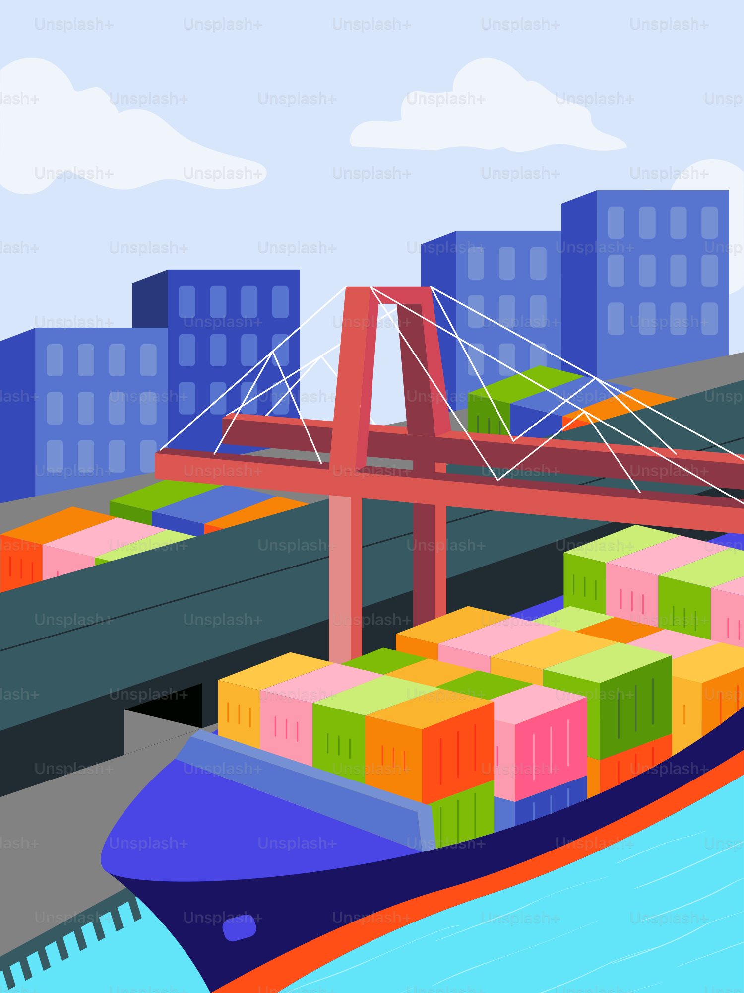 Una grande nave da carico in acqua con un ponte sullo sfondo