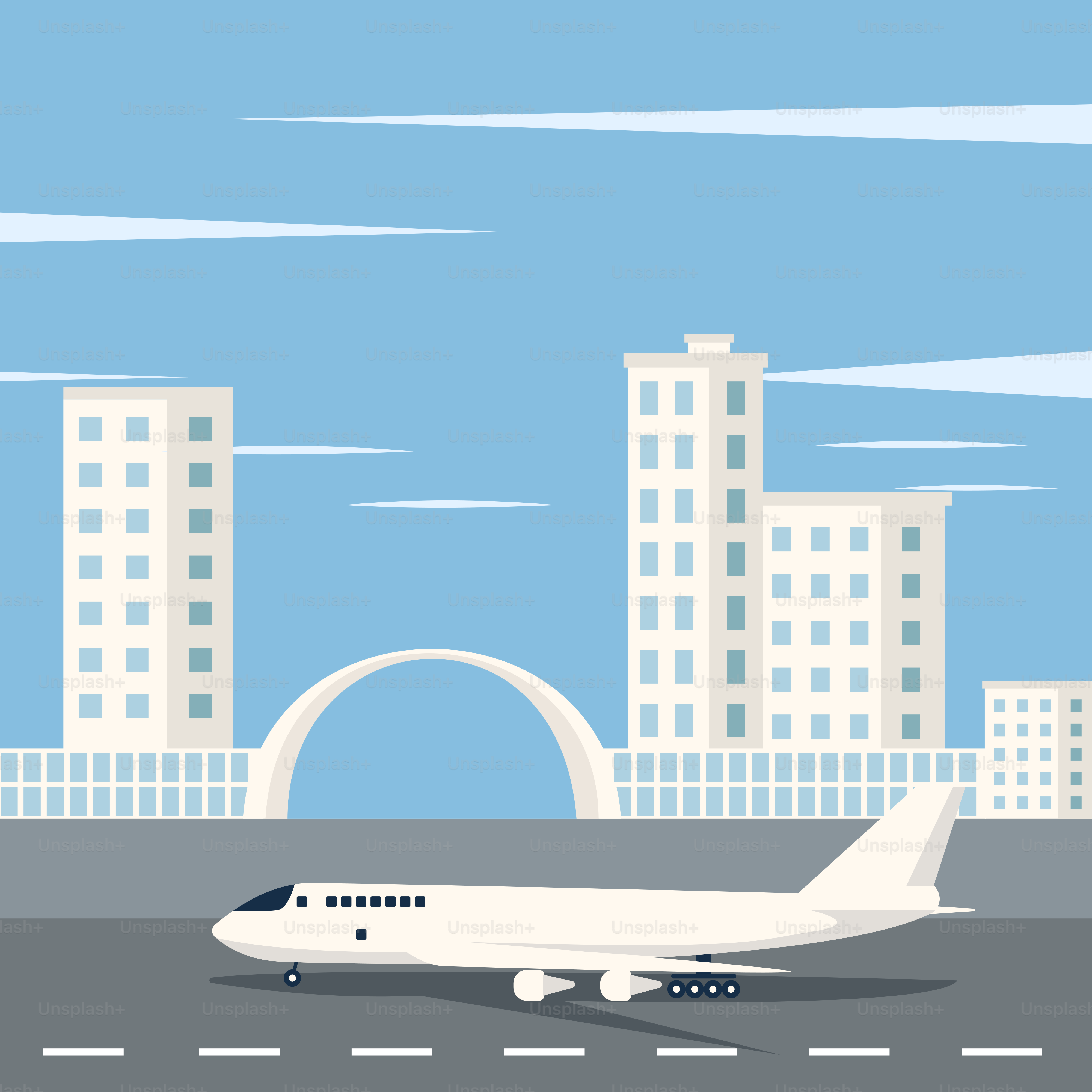 An airplane is on the runway in front of a city