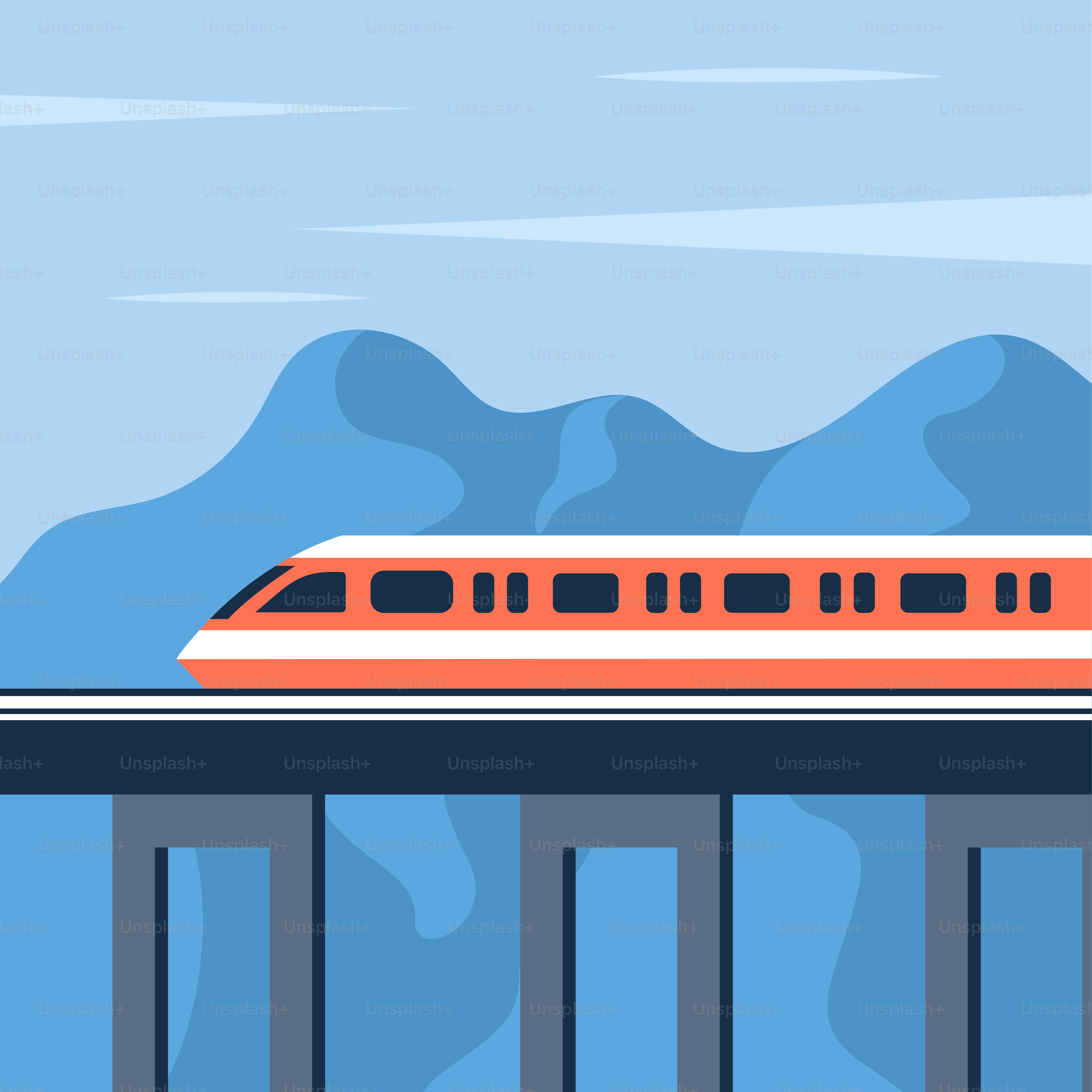 A train traveling over a bridge with mountains in the background