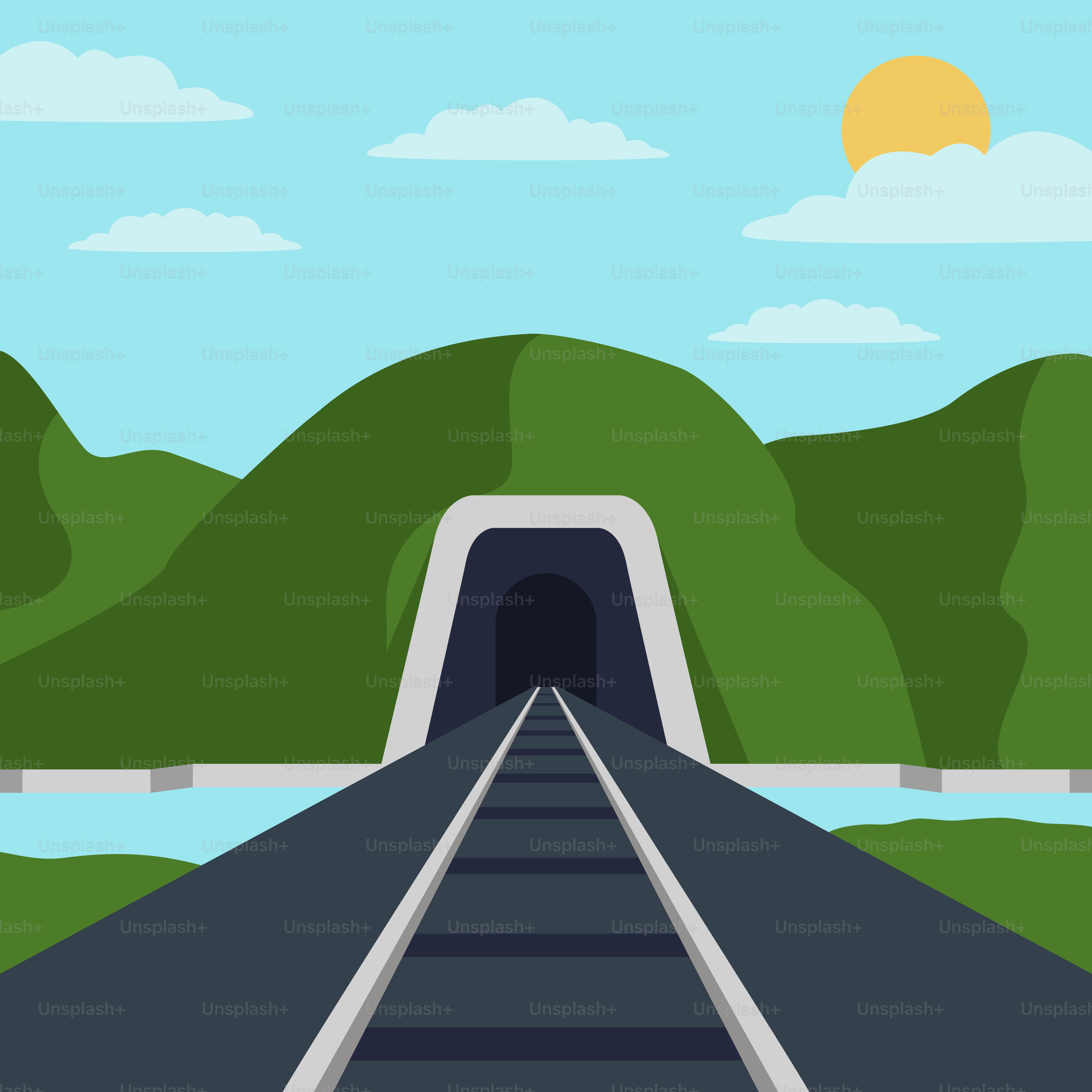 A road going into a tunnel with mountains in the background