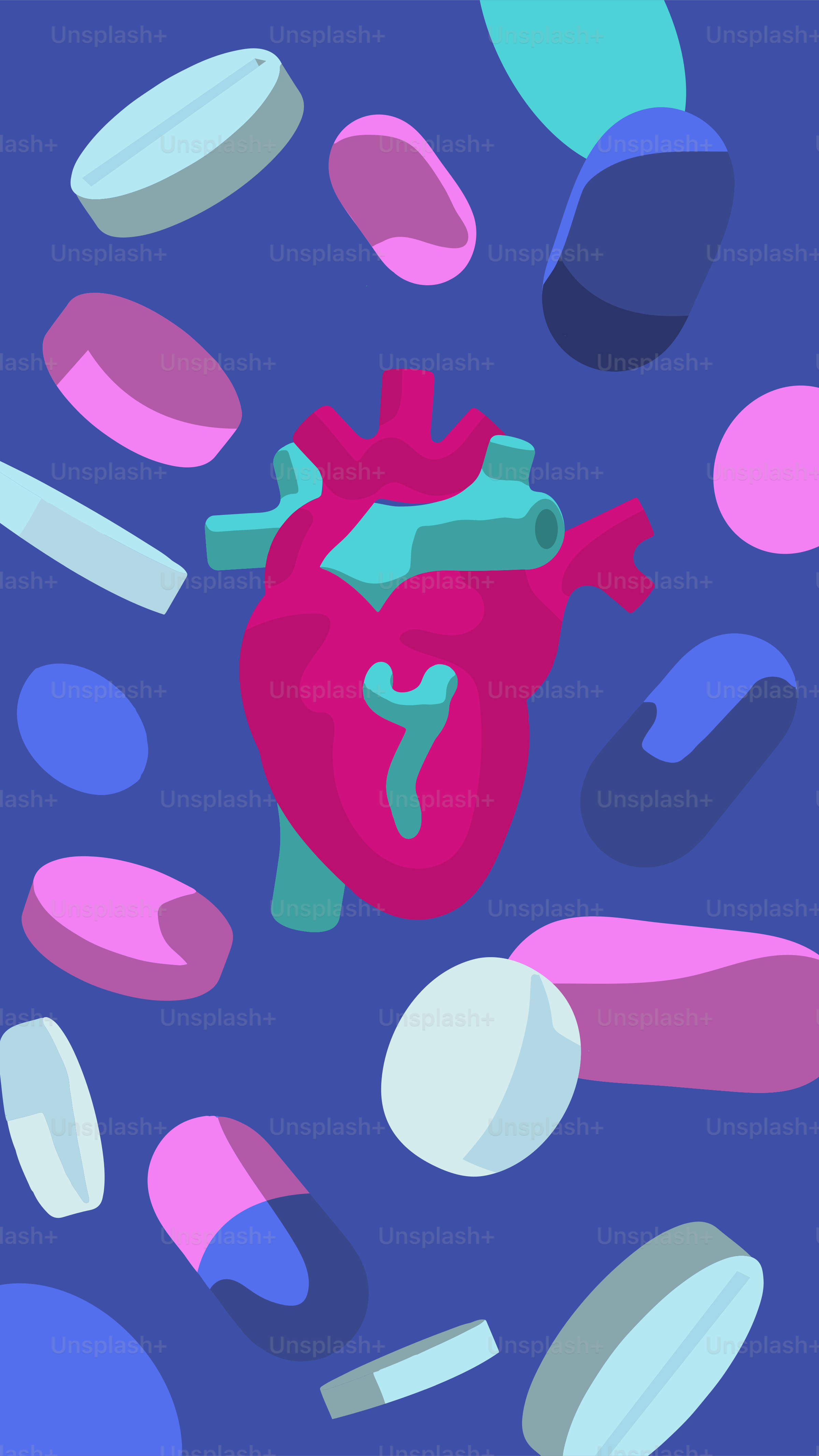 An illustration of a heart surrounded by pills
