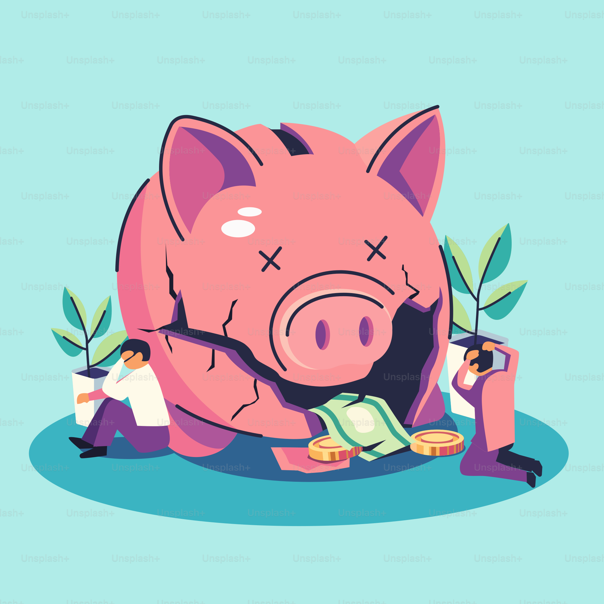 A pig is laying on the ground with some money