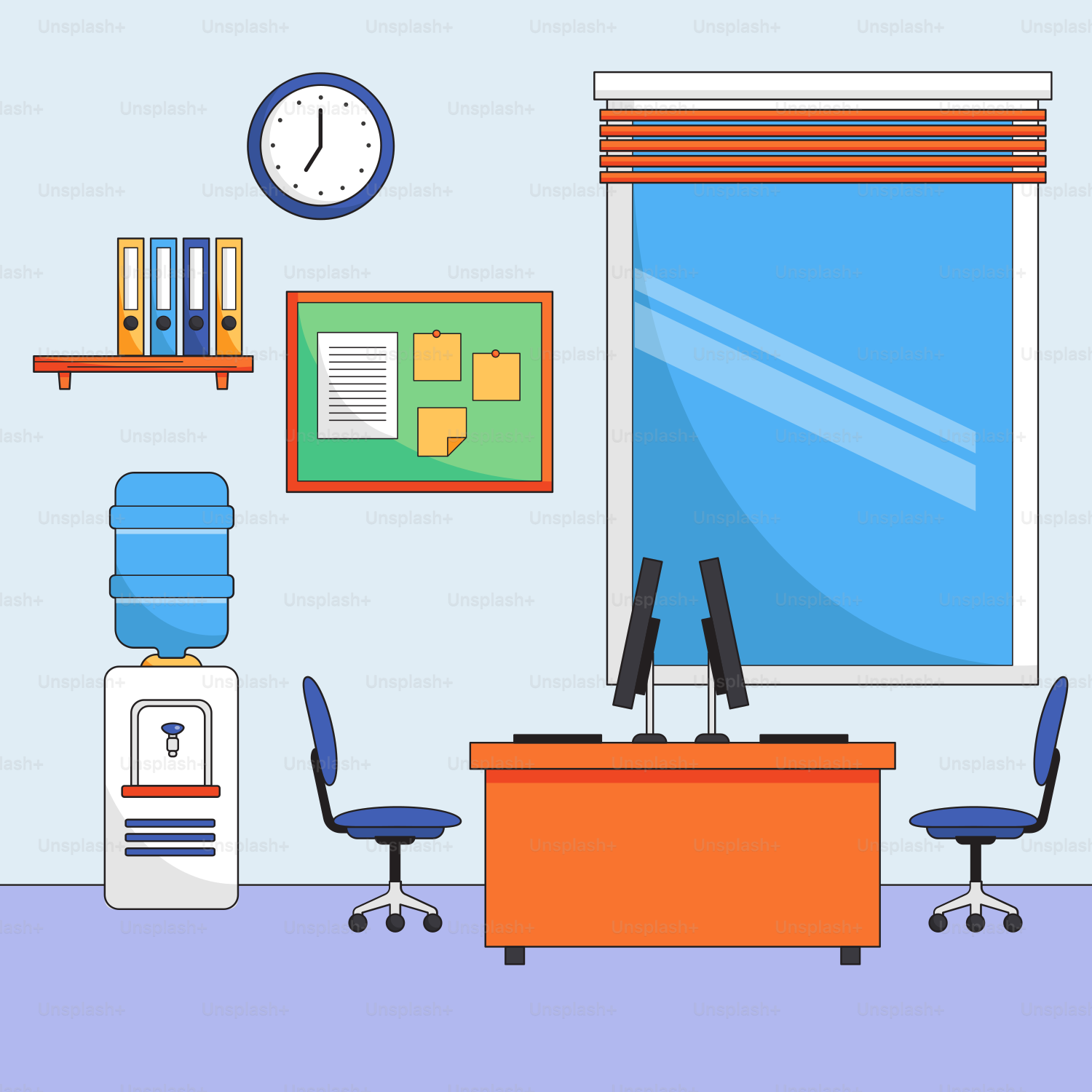 A room with a desk, chairs, a clock and a window