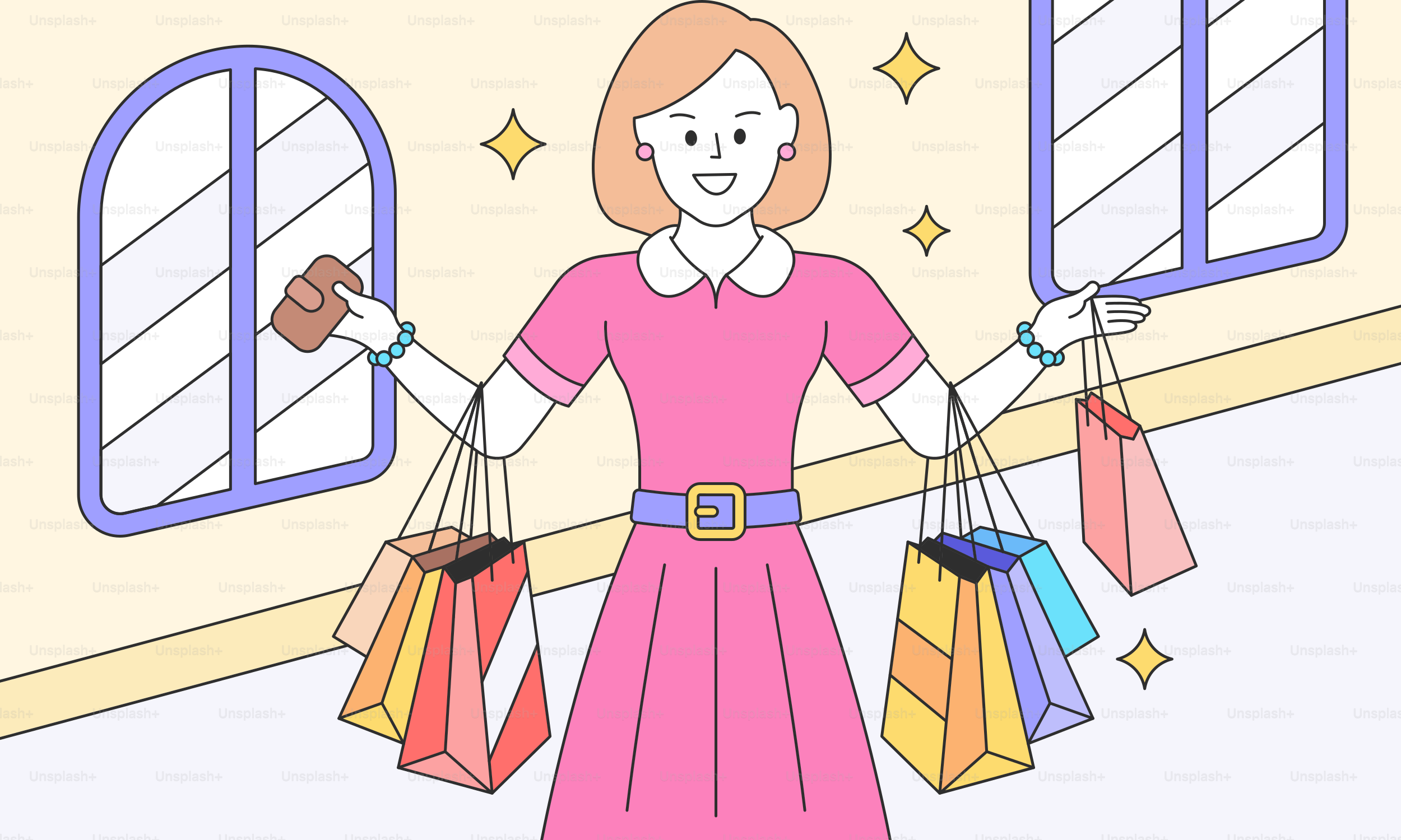 A woman in a pink dress holding shopping bags