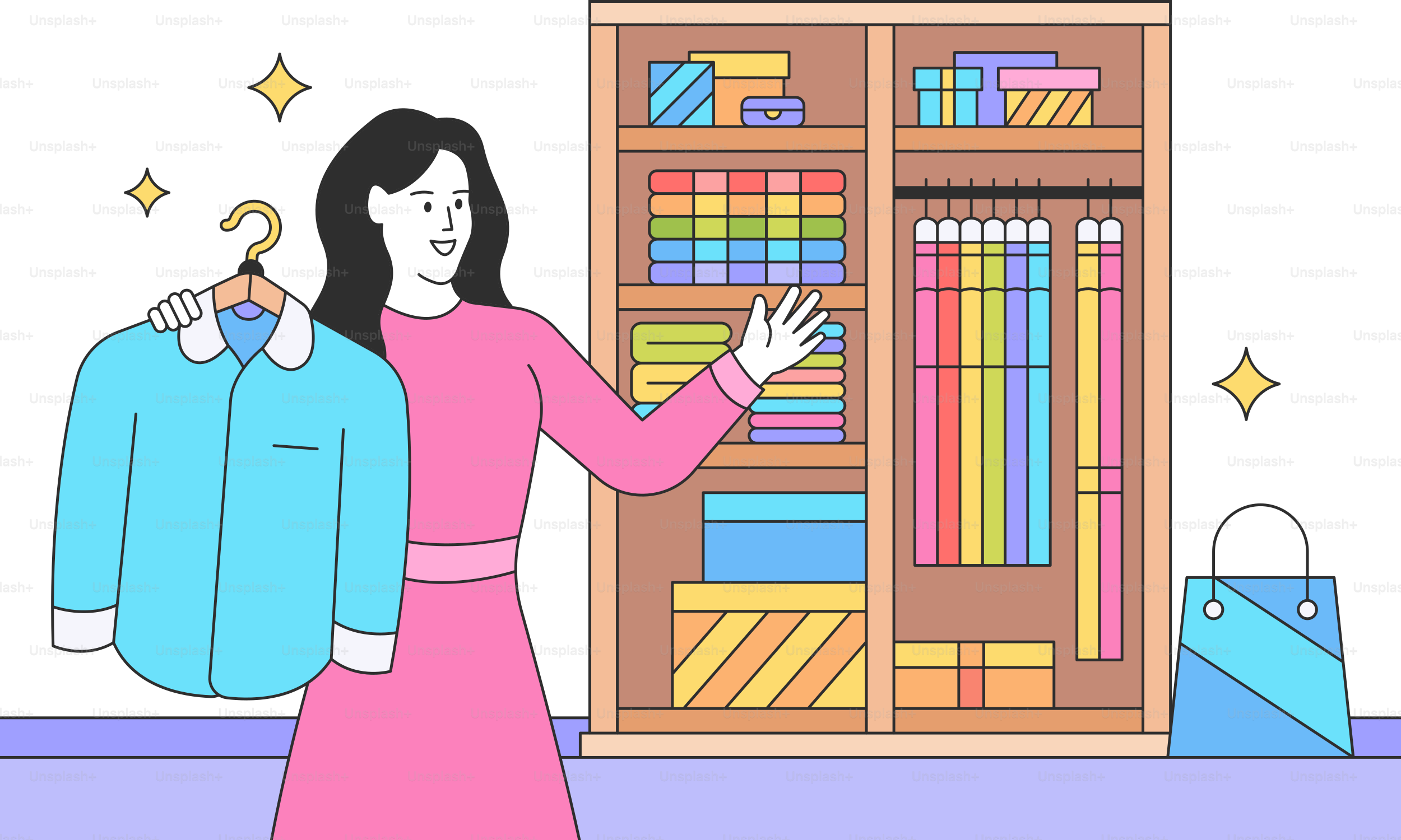 A woman in a pink dress holding a blue jacket