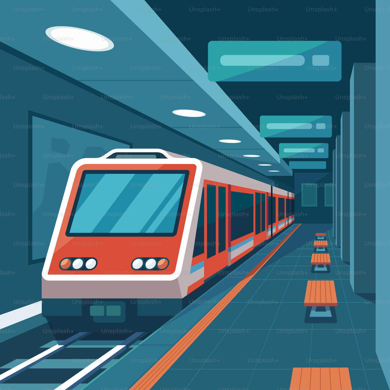 A red train traveling through a train station