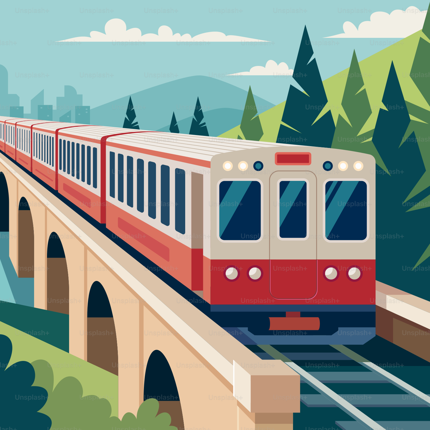 A train traveling over a bridge over a river