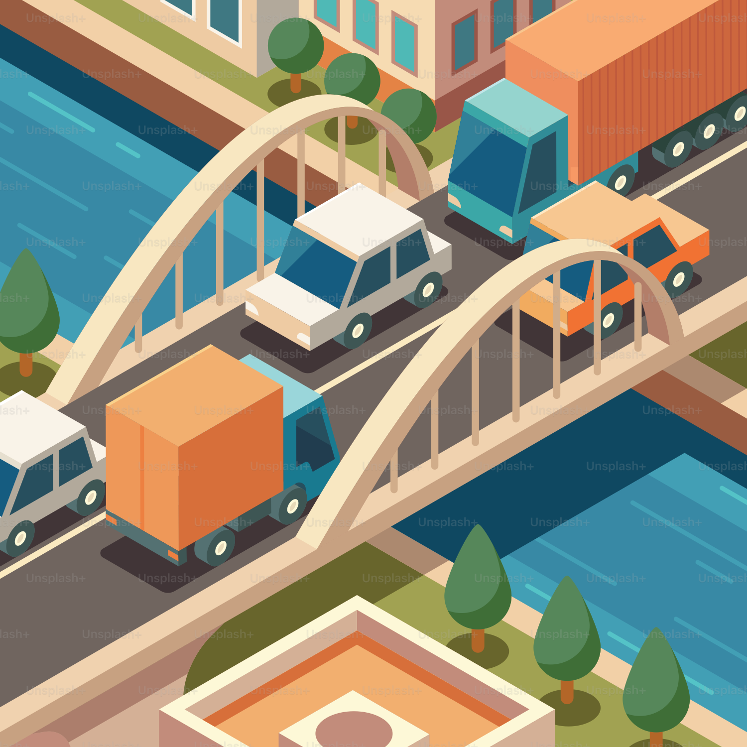 An illustration of a bridge with cars and trucks on it