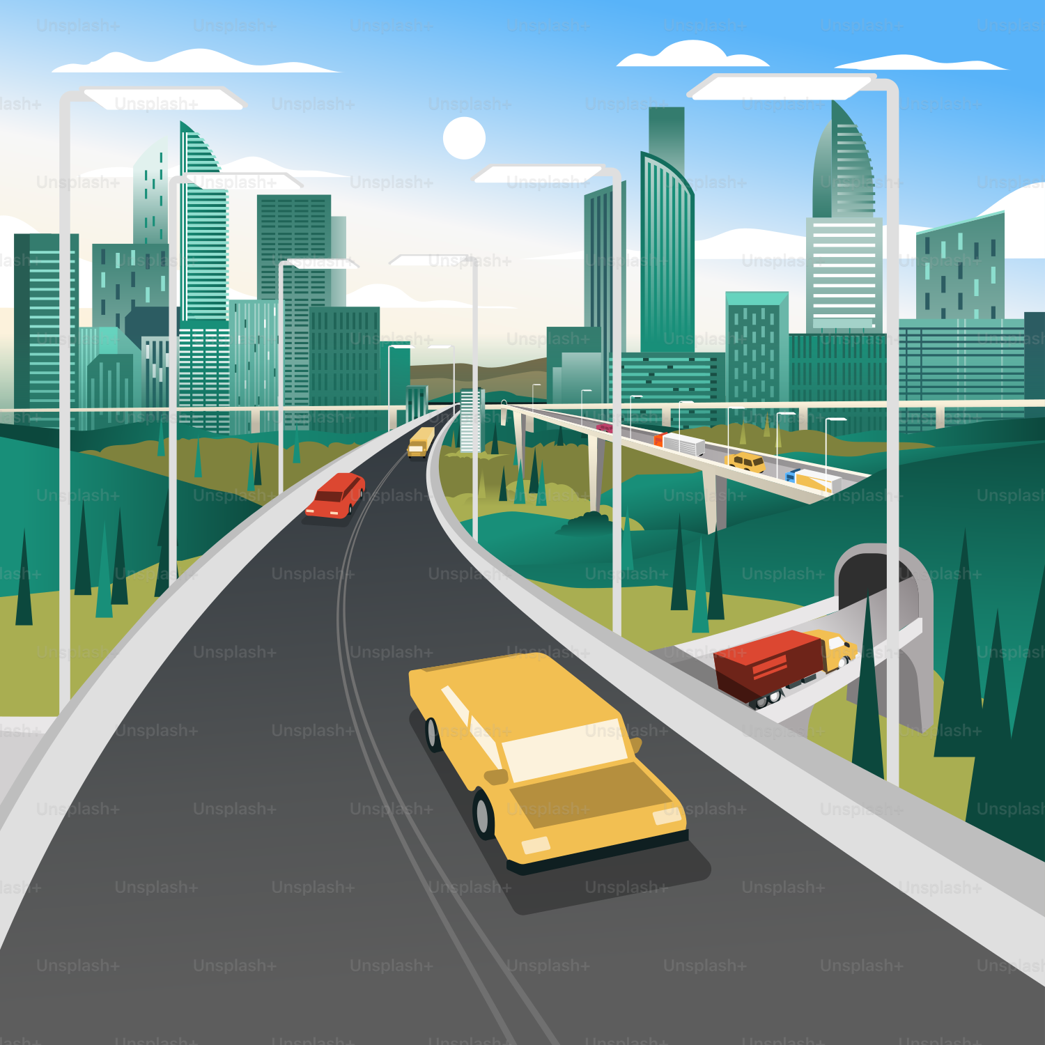 A car driving down a road next to tall buildings