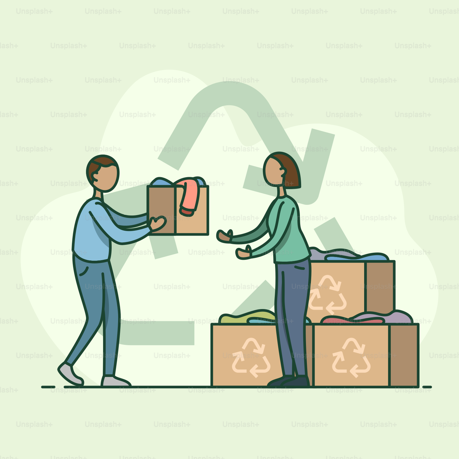 A man and a woman exchanging a box with a recyclist