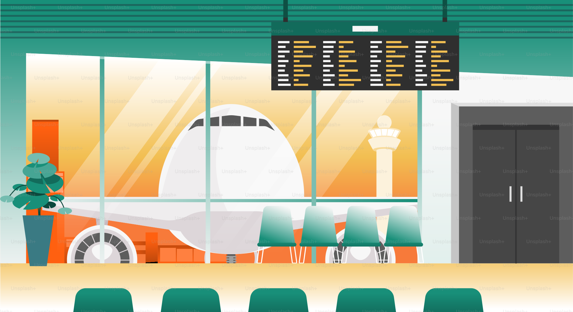 An airport terminal with green chairs and a sign