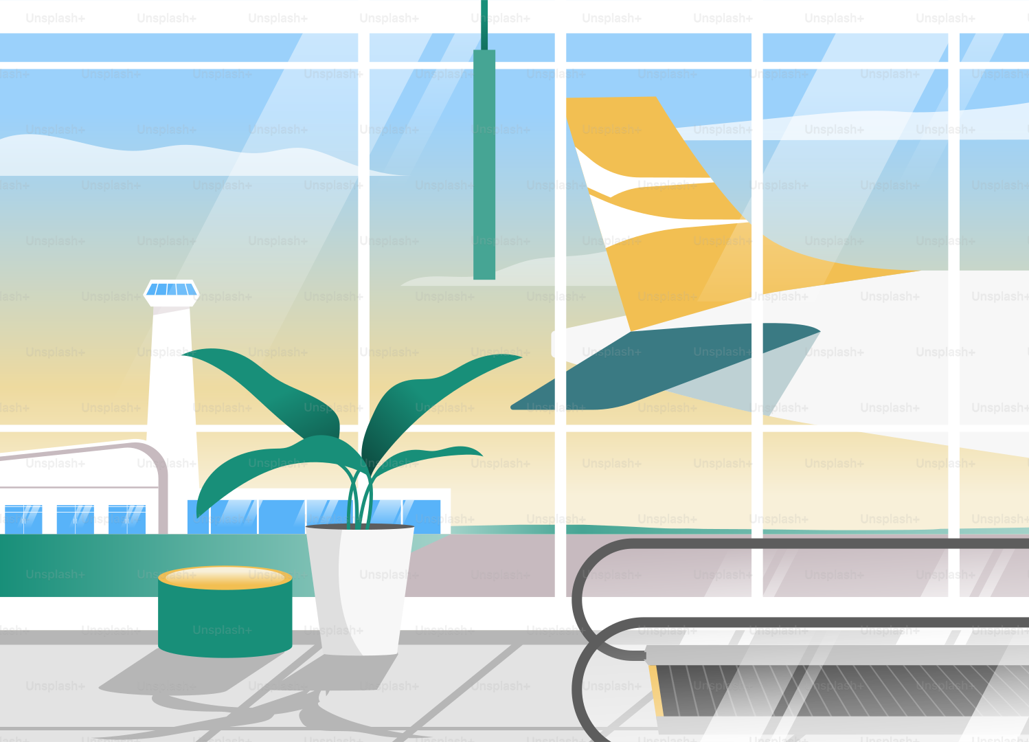 An airport terminal with a plane in the background