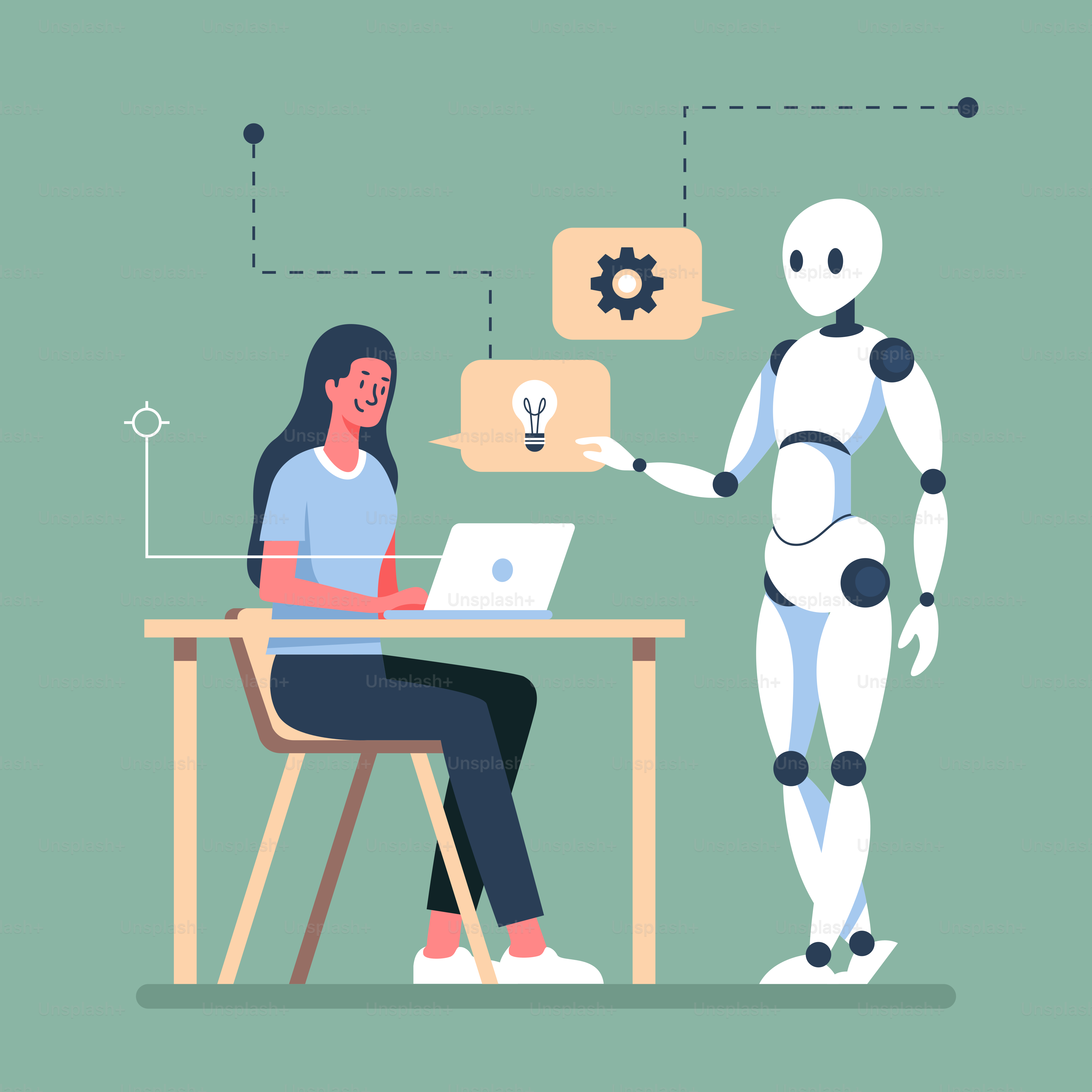 A woman sitting at a desk with a robot next to her