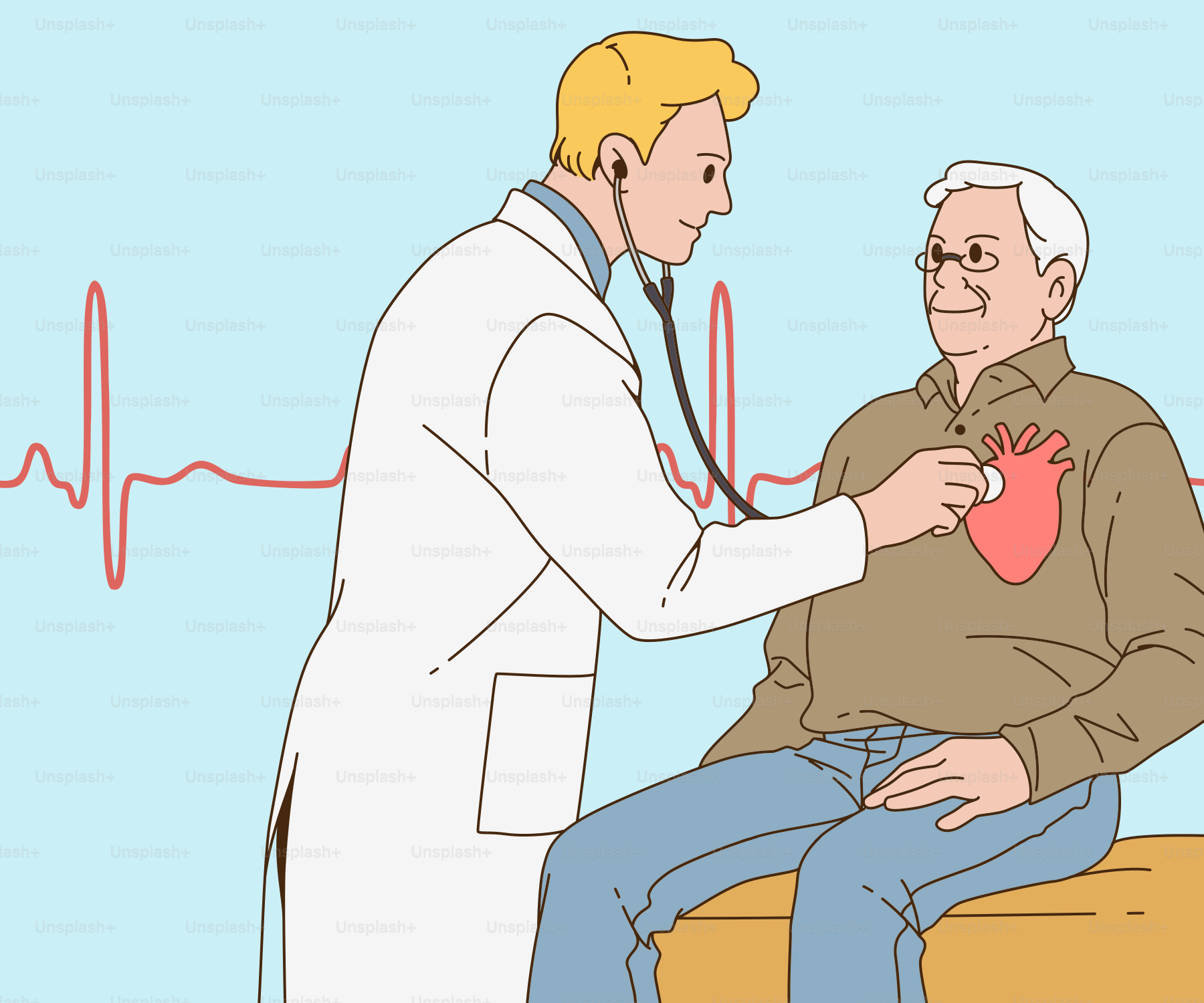 Um médico examinando o coração de um homem com um estetoscópio