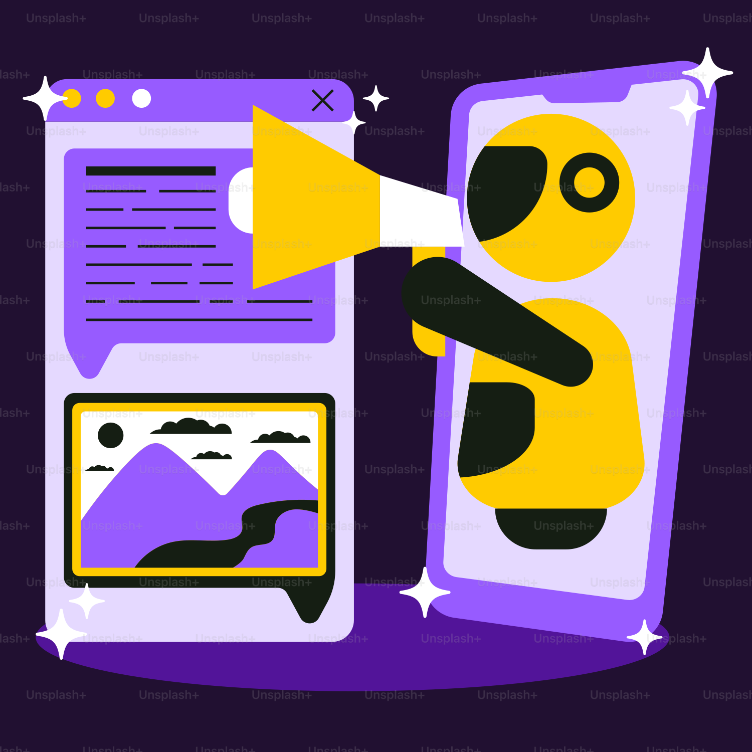 Um telefone roxo e amarelo com um alto-falante em cima dele