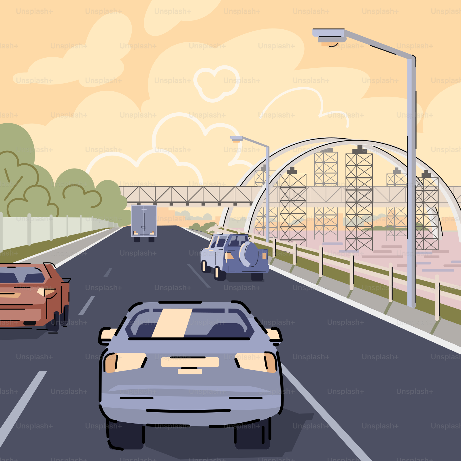 A car driving down a street next to a roller coaster