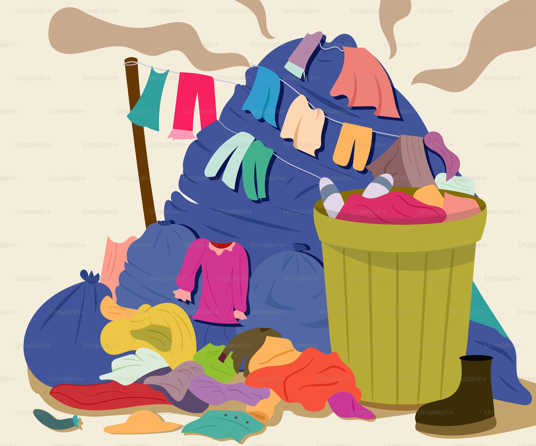 Uma pilha de roupas ao lado de uma lixeira