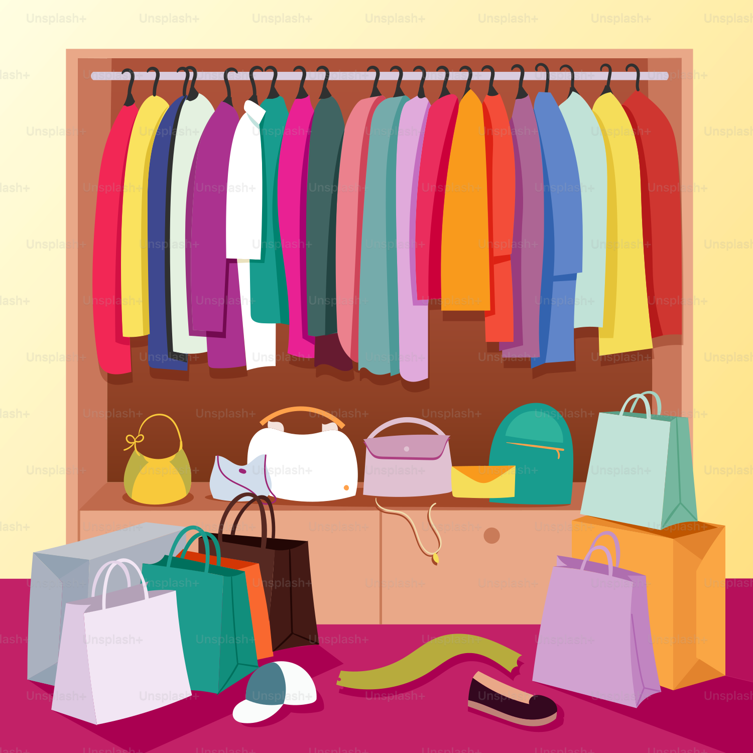 A closet filled with lots of different colored bags