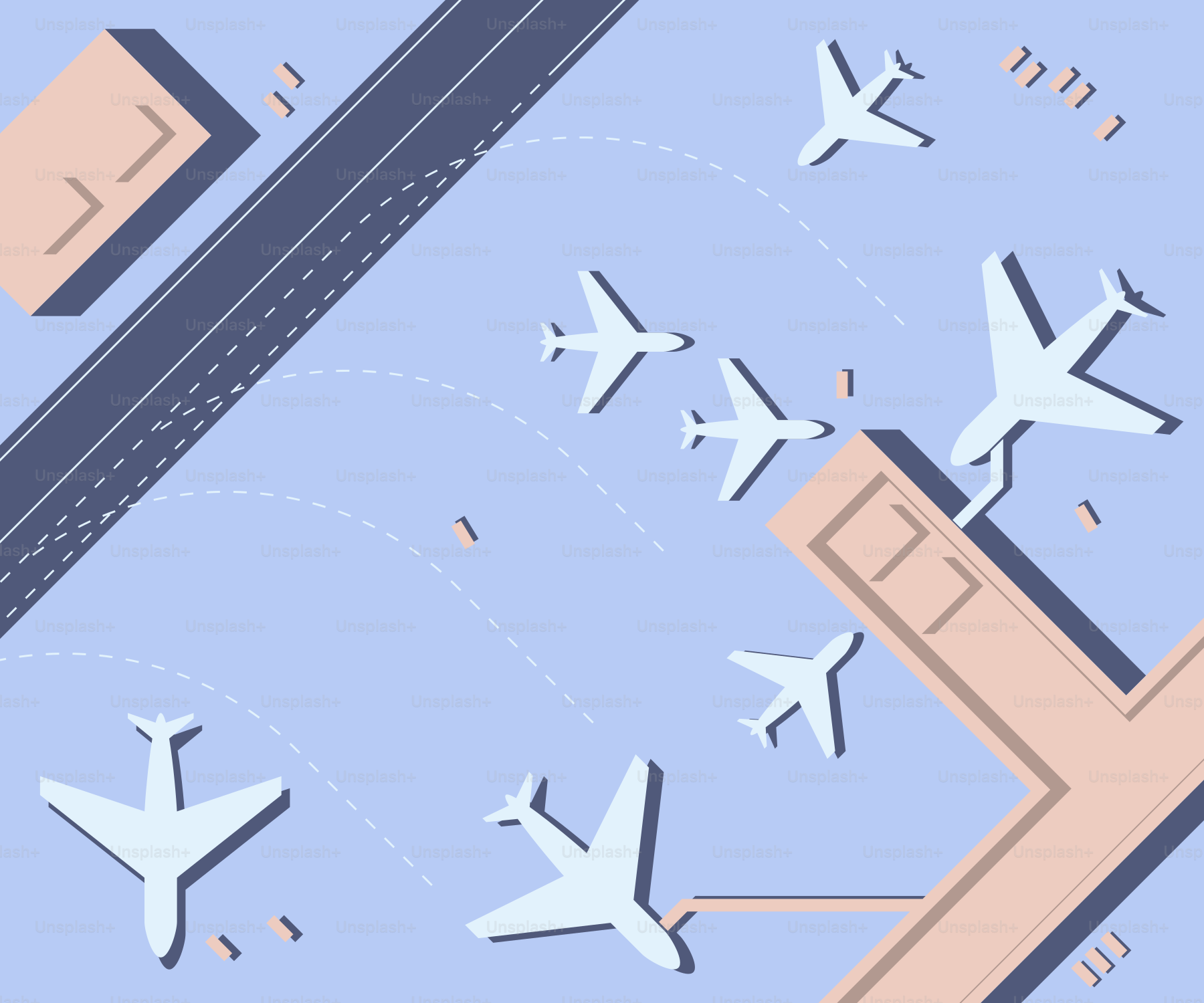 An aerial view of an airport with airplanes