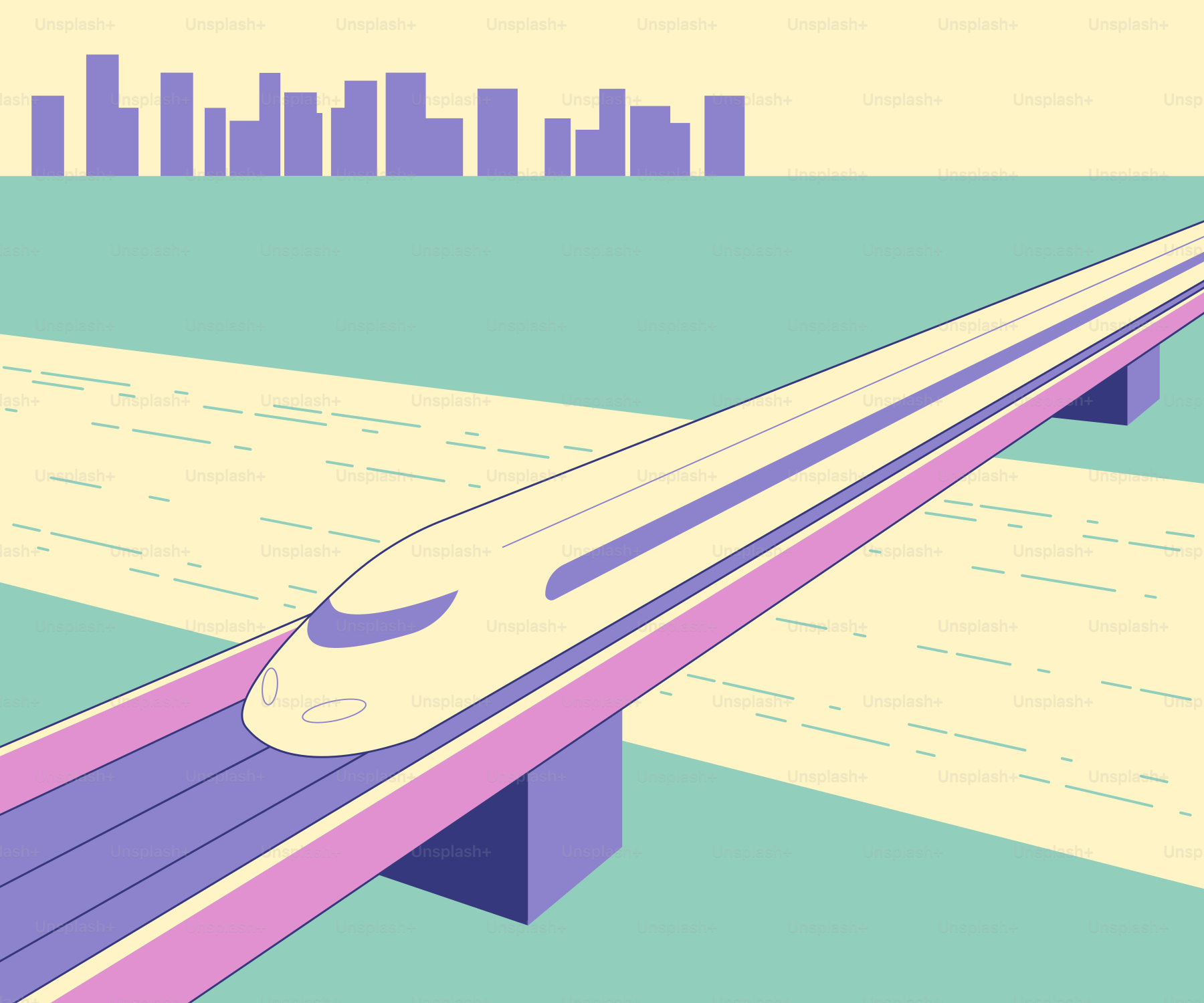 A drawing of a train traveling over a bridge