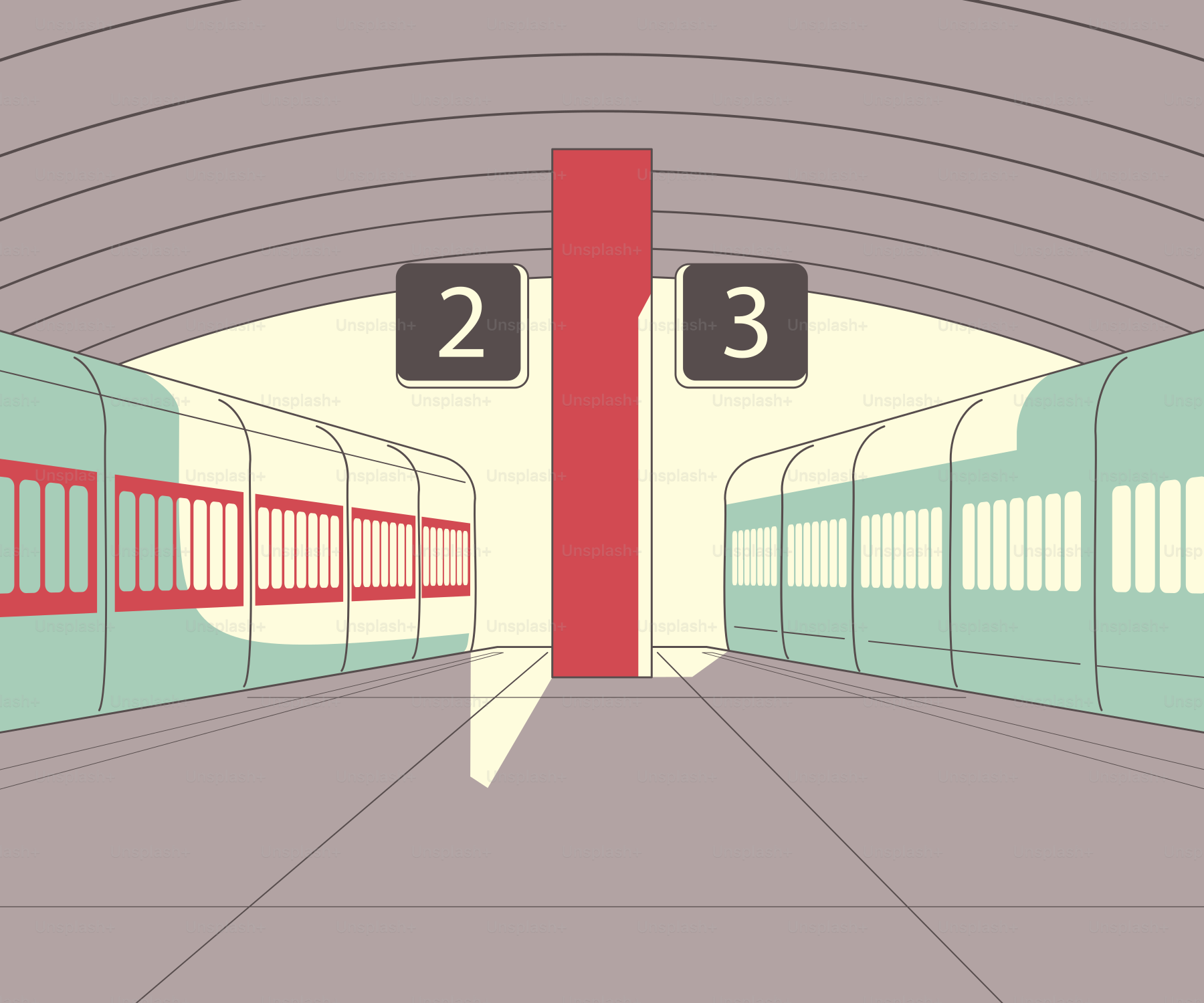 A train traveling through a train station next to another train