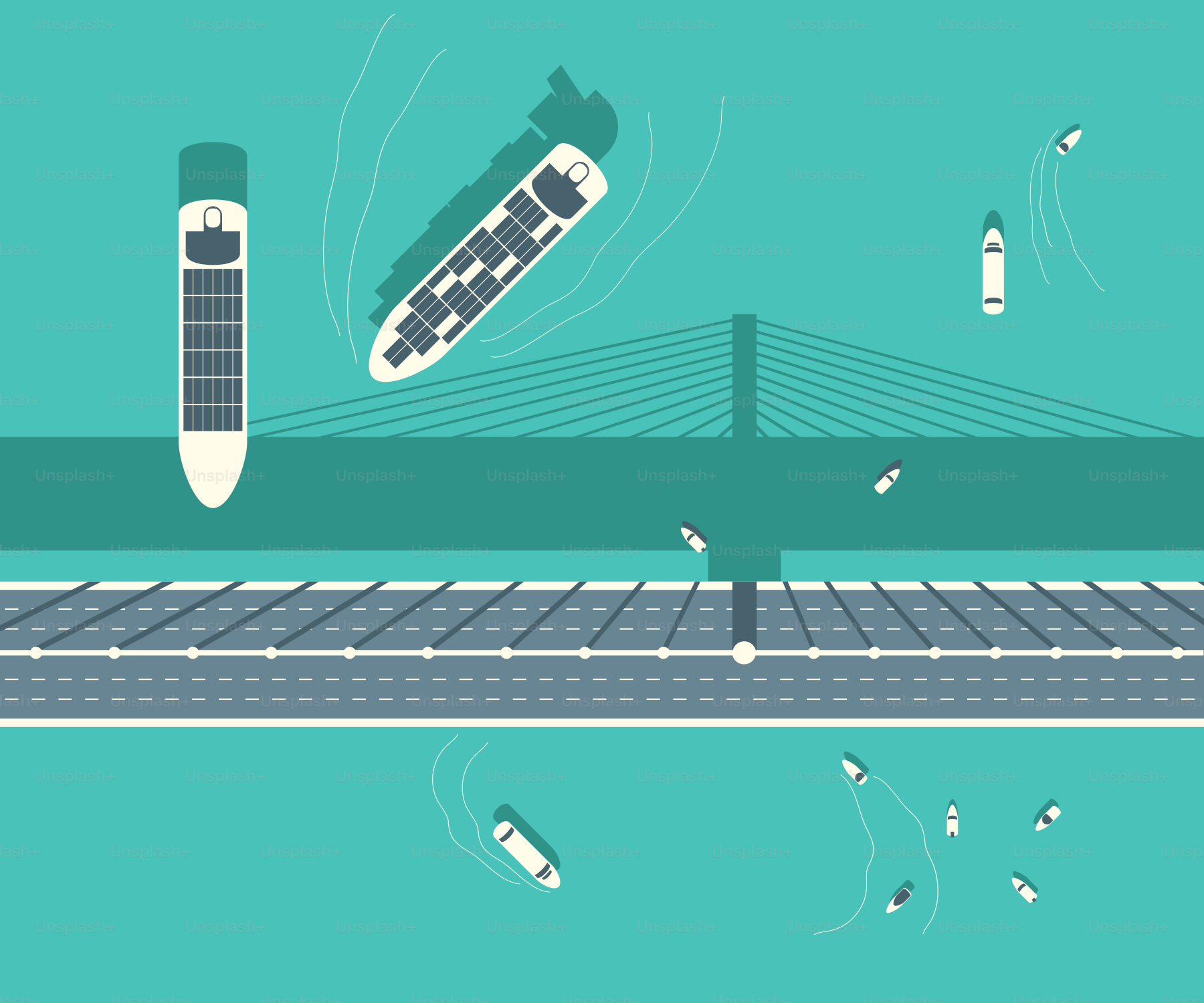 An aerial view of a bridge and a cell phone