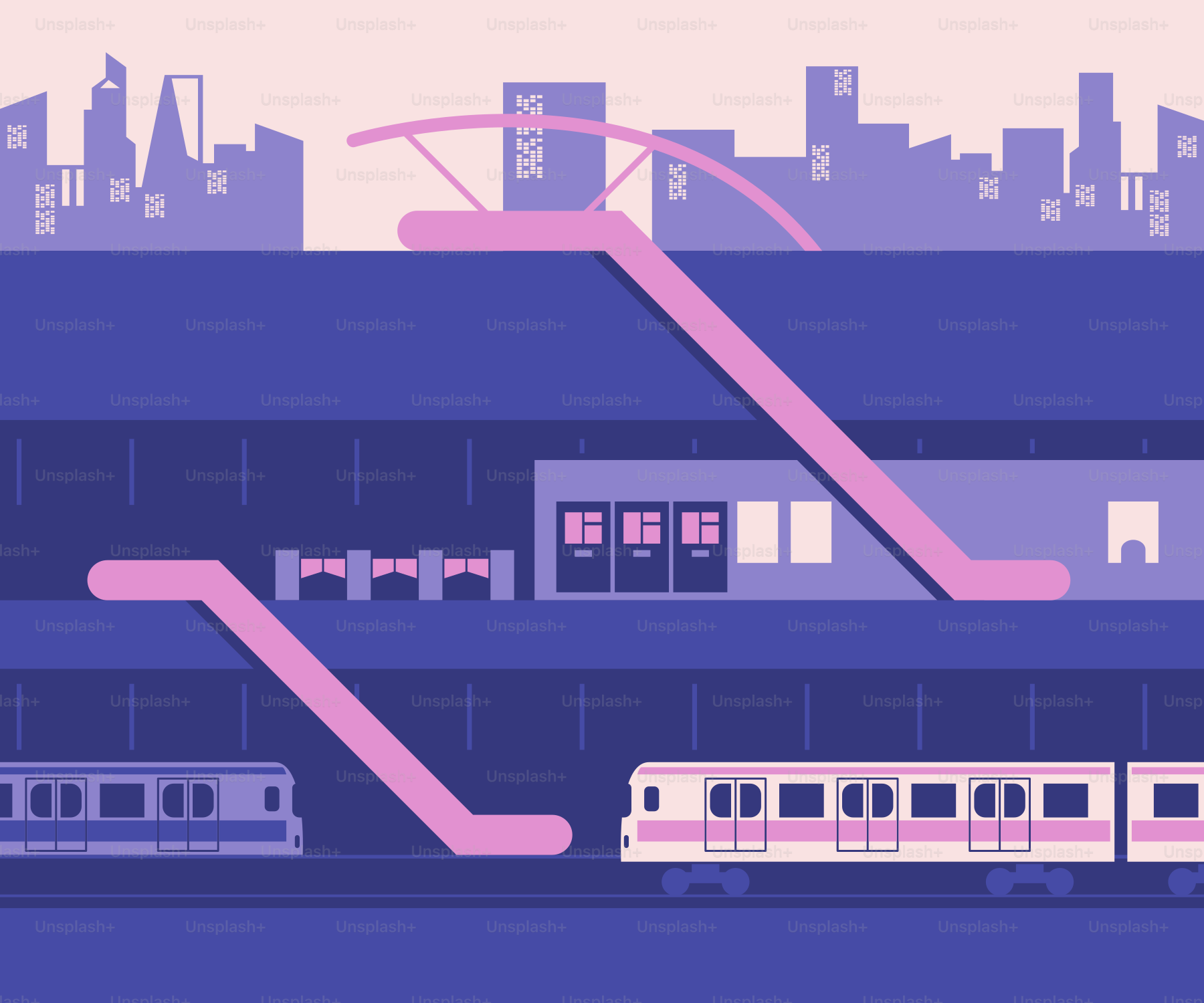 A train traveling past a train station next to tall buildings