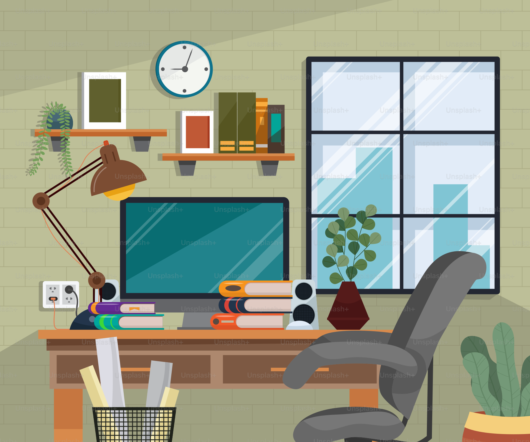 Un escritorio de ordenador con una silla y un reloj