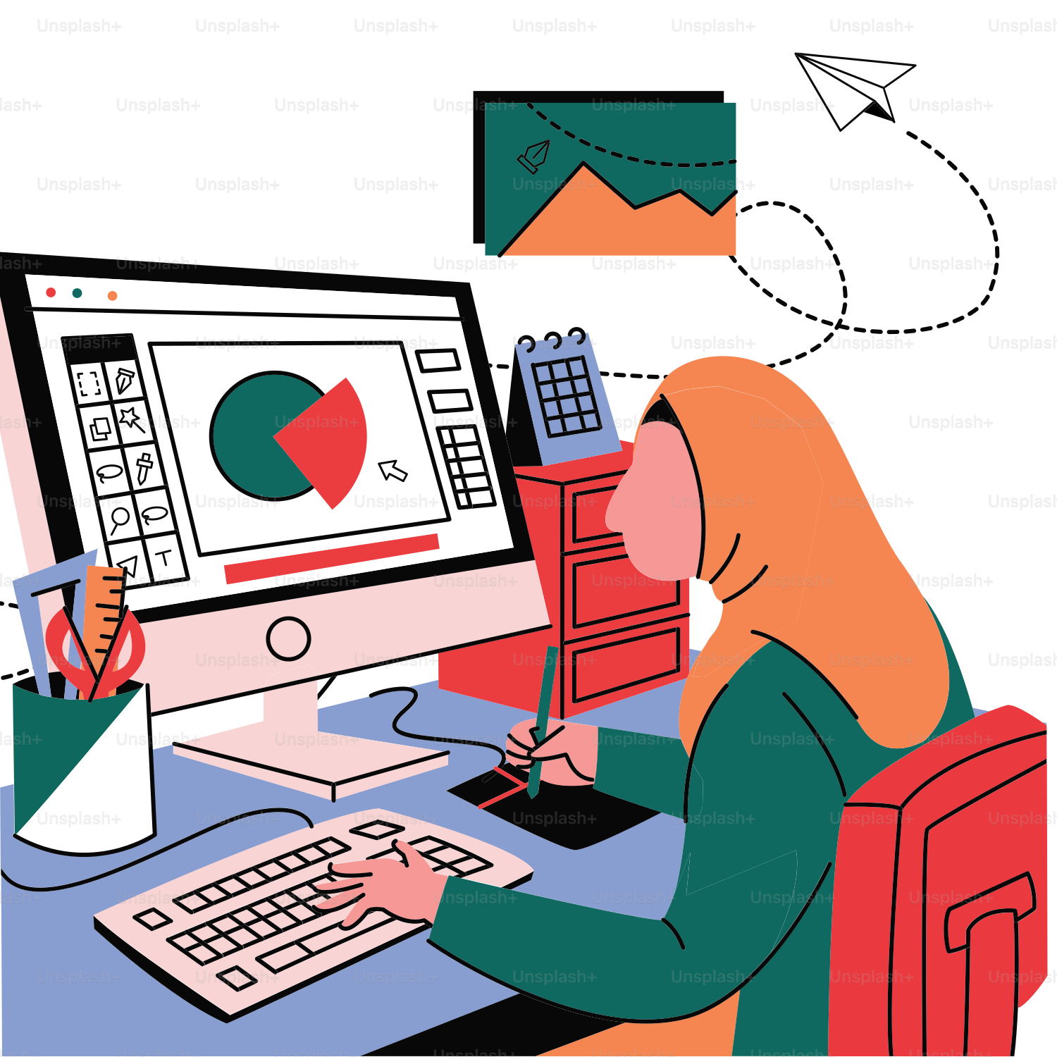 Une femme assise à un bureau avec un ordinateur