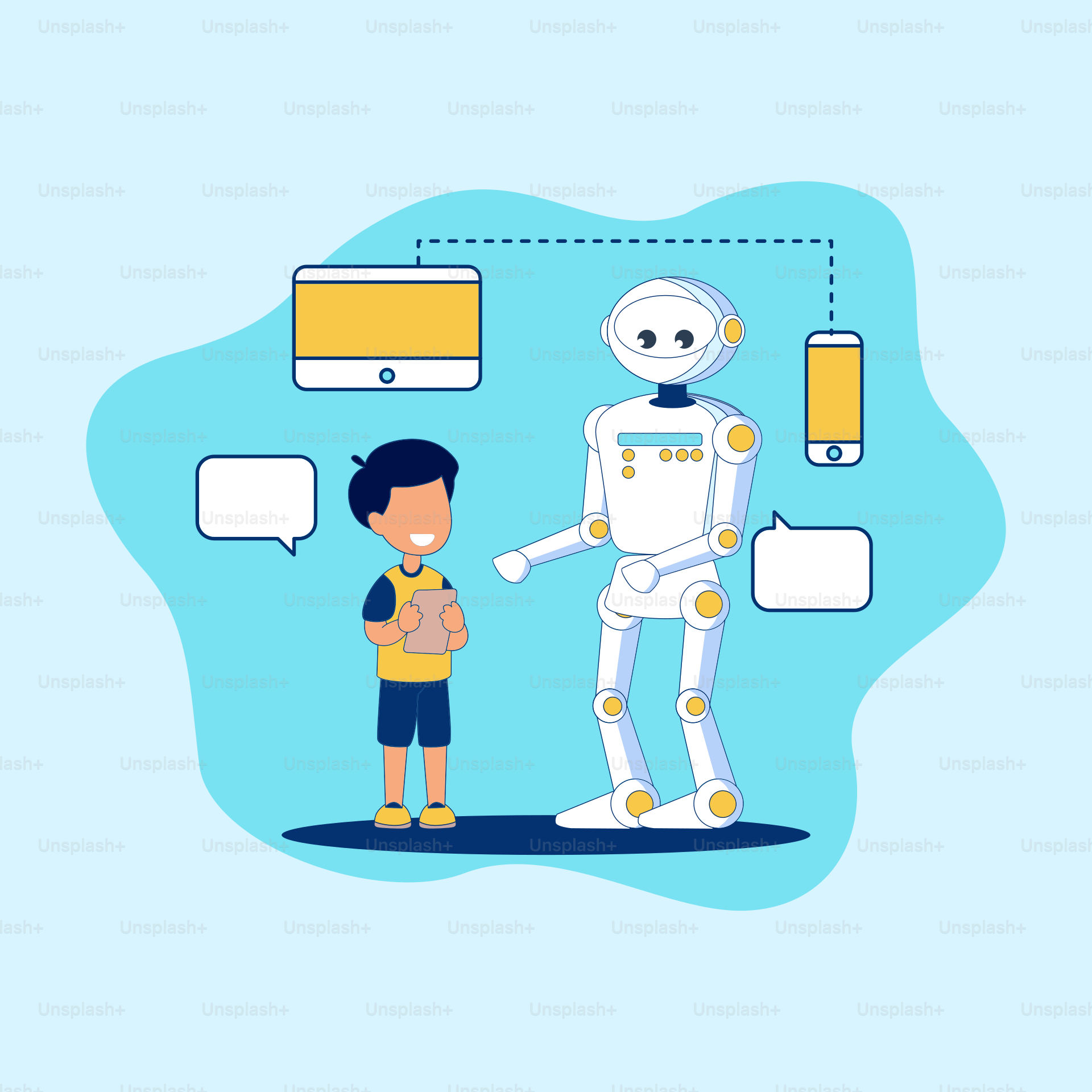 Ein Roboter, der mit einem kleinen Jungen spricht