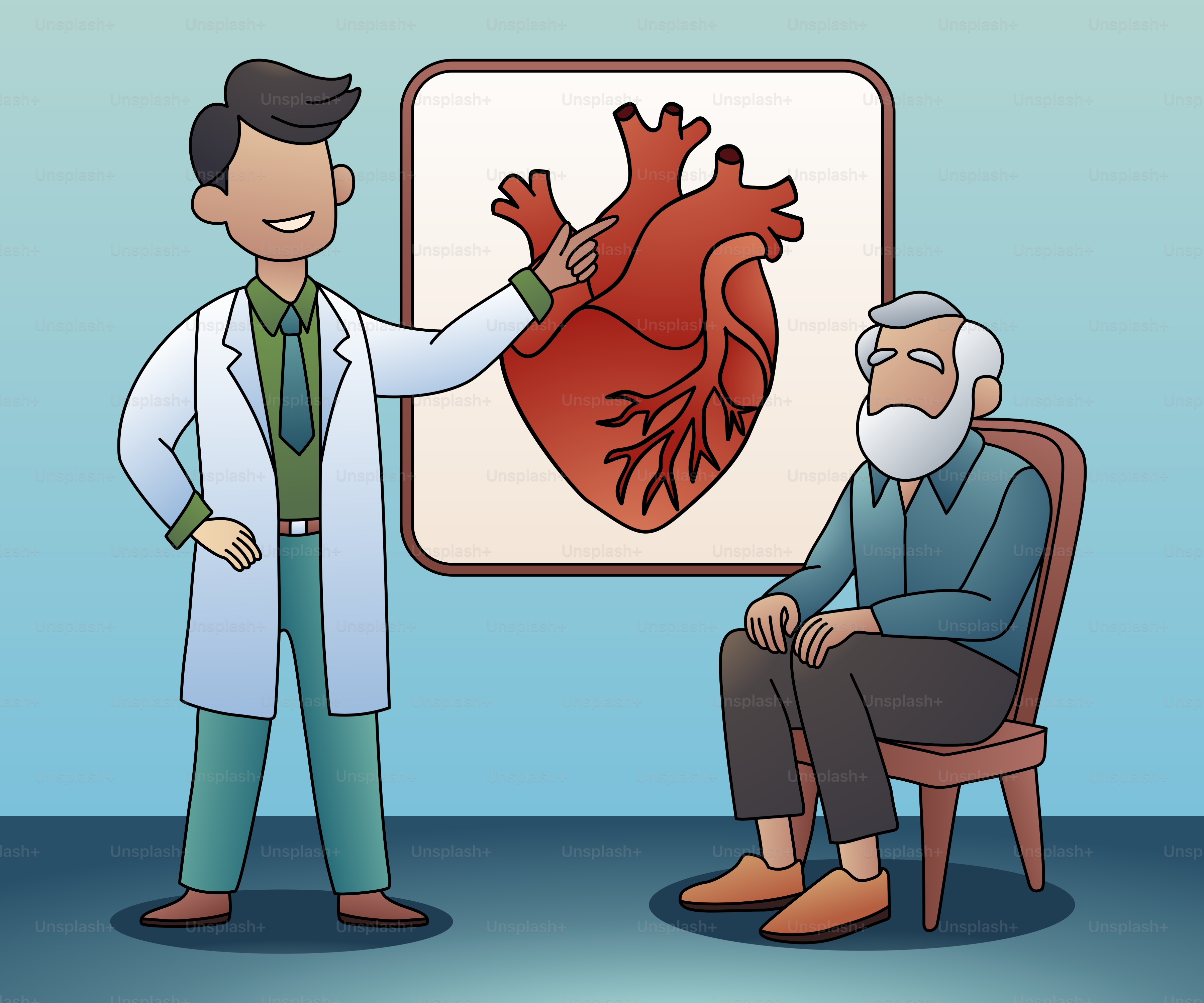 A man in a lab coat standing next to a man in a chair