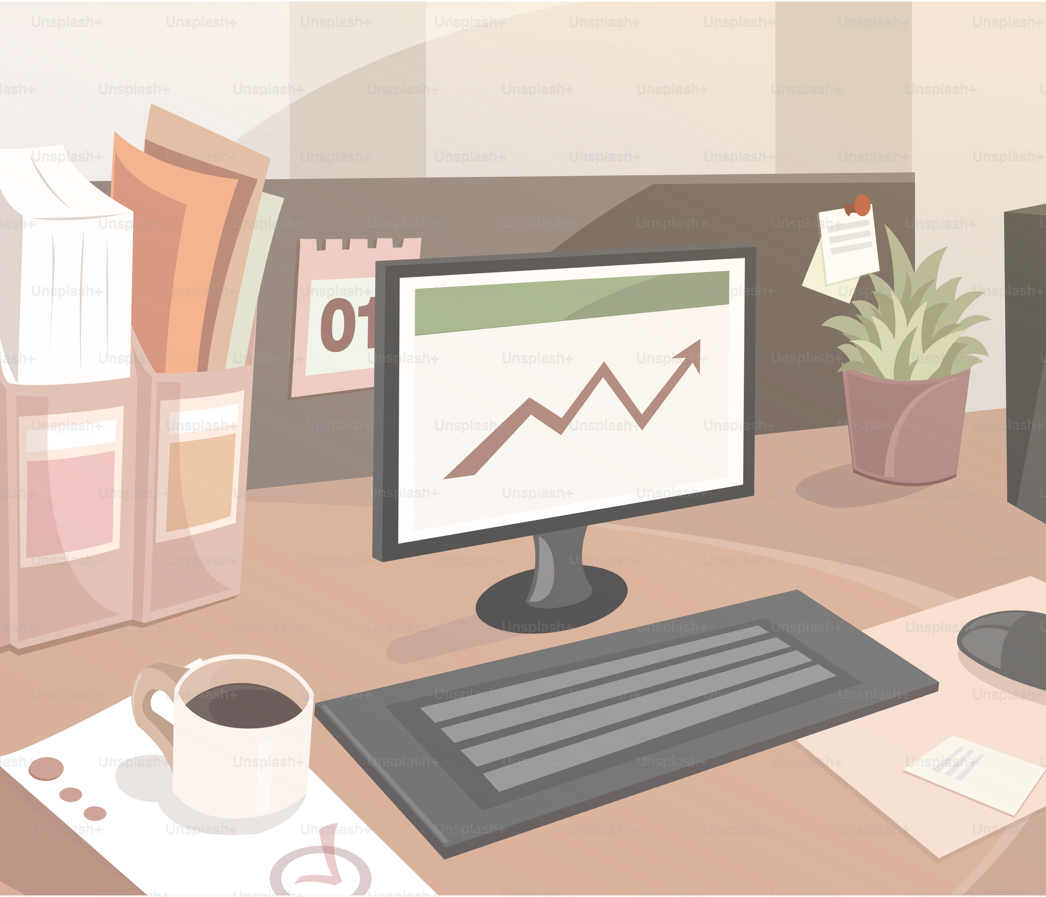 Uma mesa com monitor, teclado, mouse e uma xícara de café