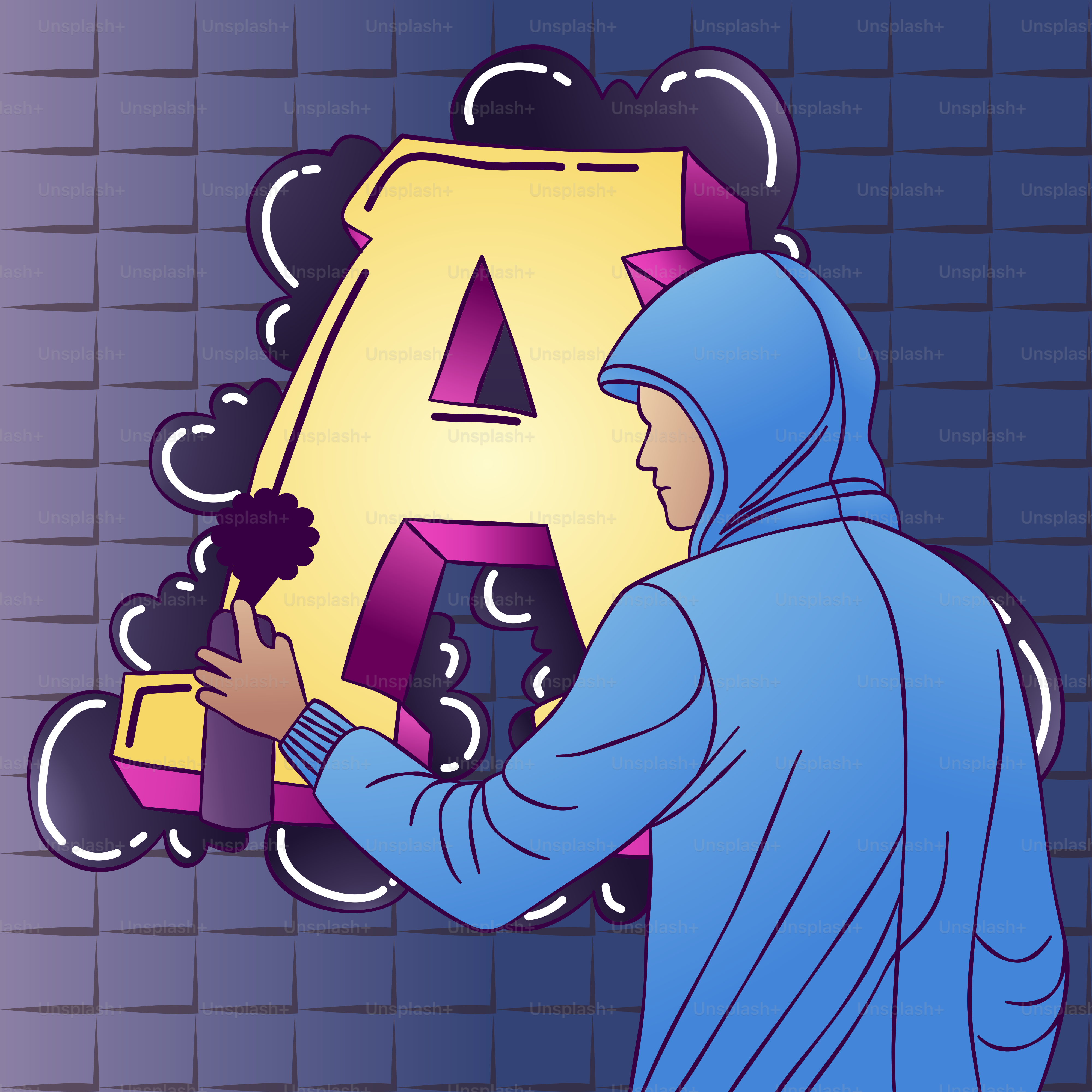 Una persona con una sudadera azul escribiendo en una pared