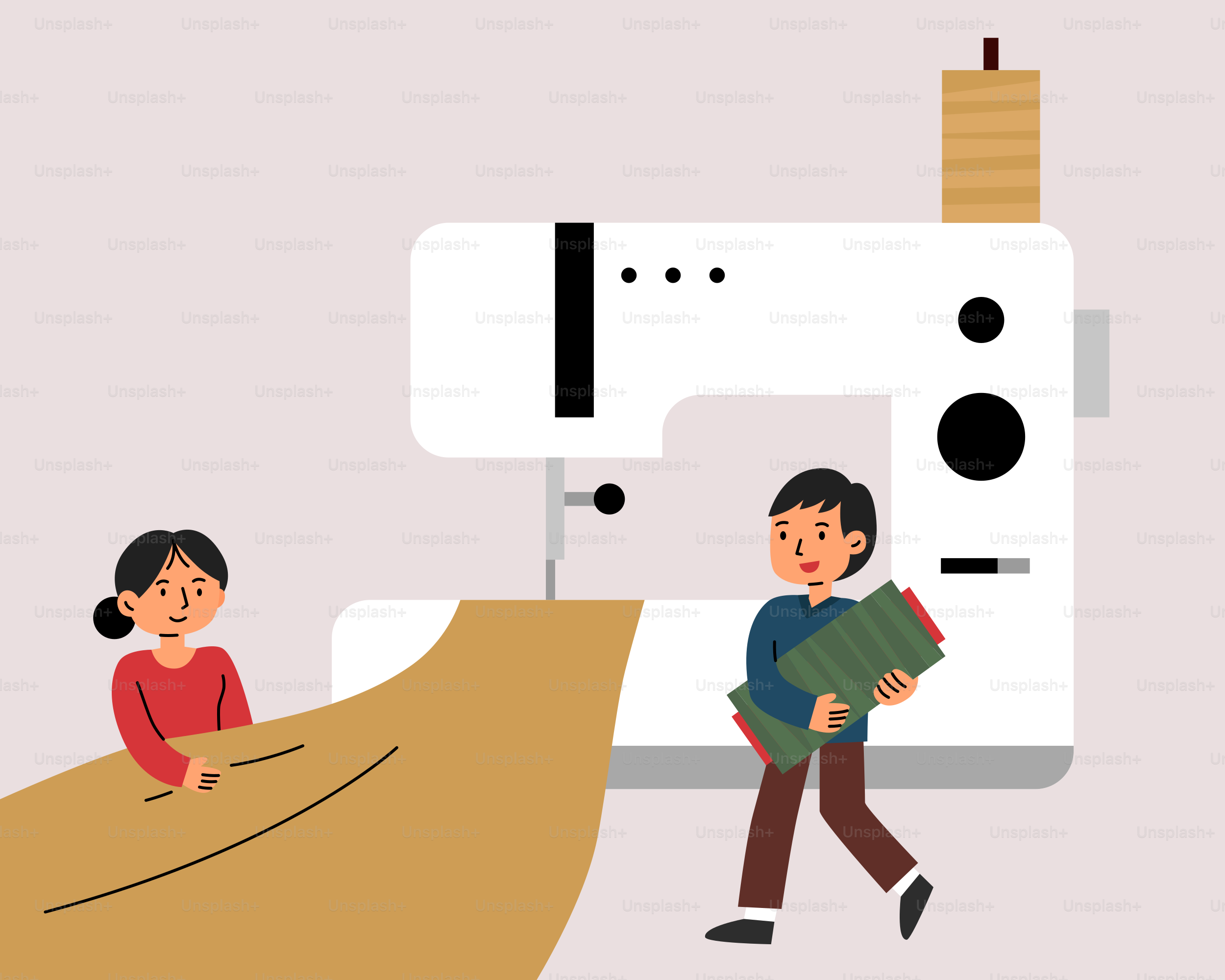 Un hombre y una mujer están cosiendo en una máquina de coser