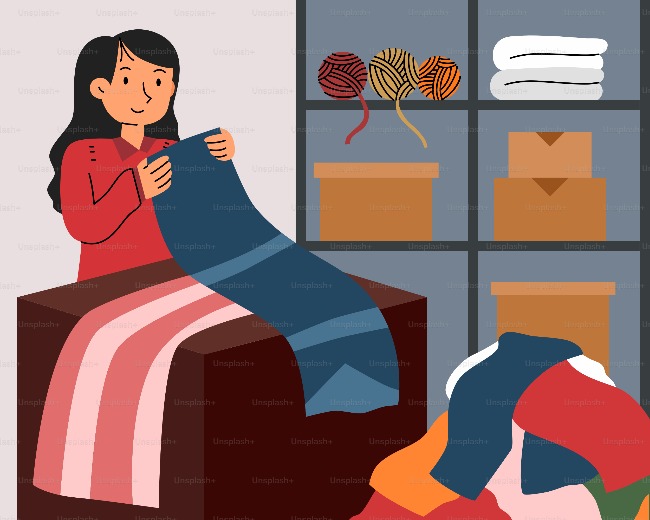 A woman sitting on a chair knitting a blanket