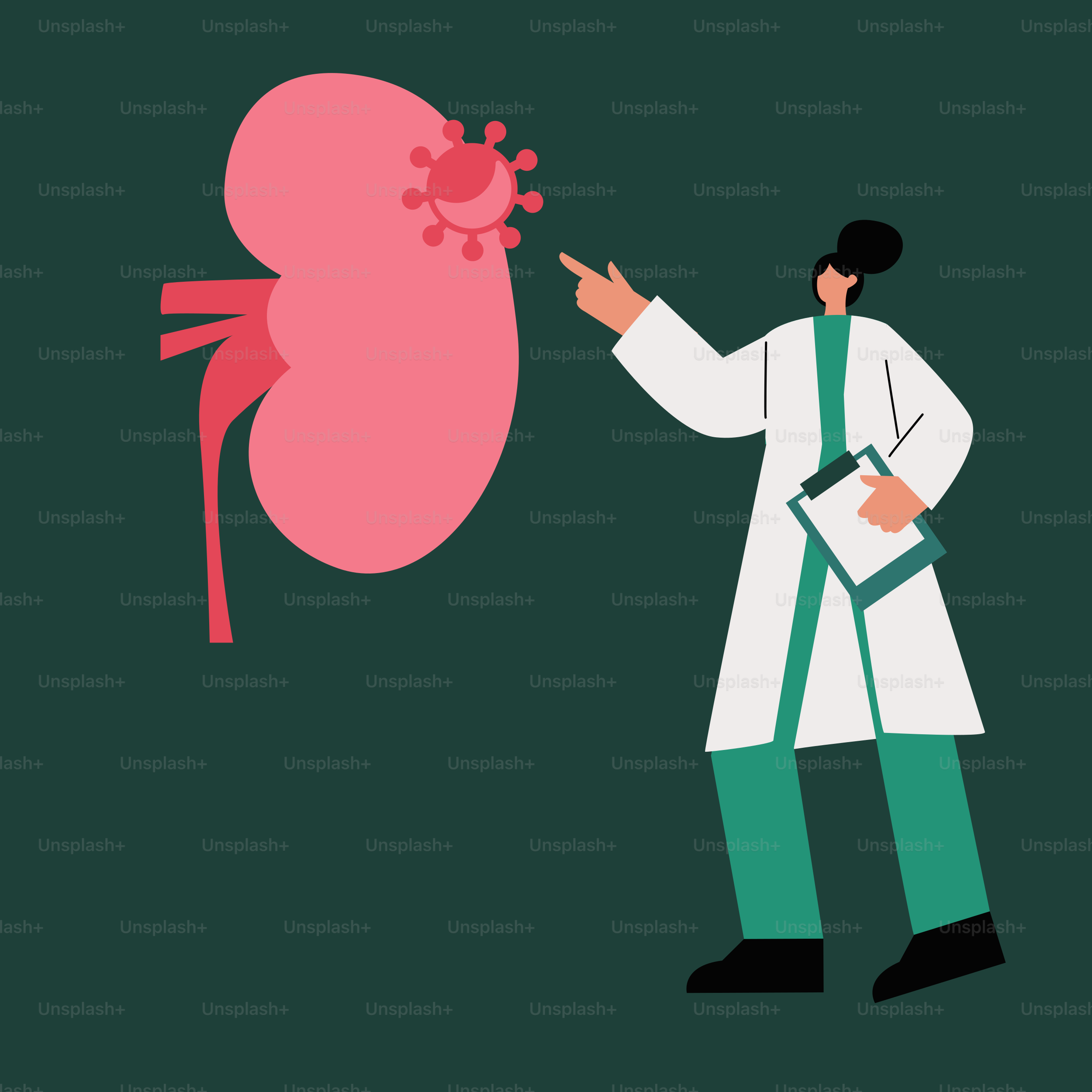 A man in a lab coat holding a clipboard and pointing at a large pink