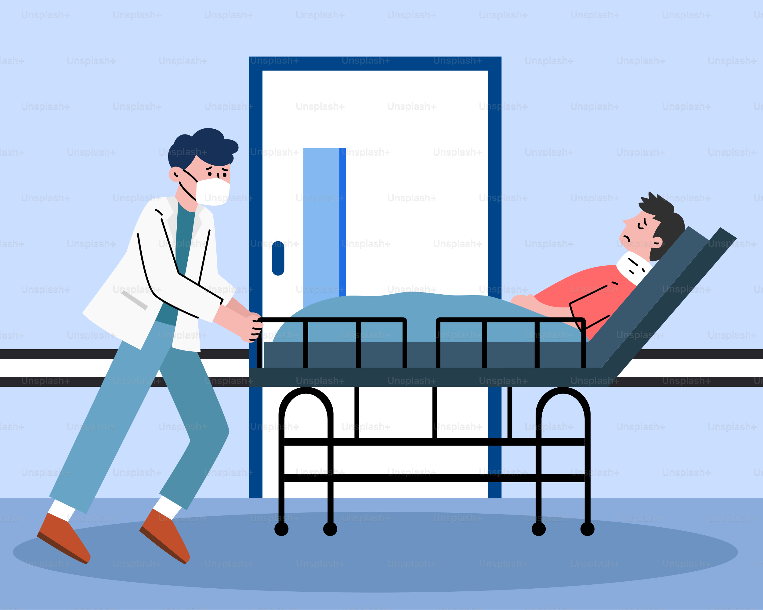 A man in a white lab coat pushing a man on a hospital bed