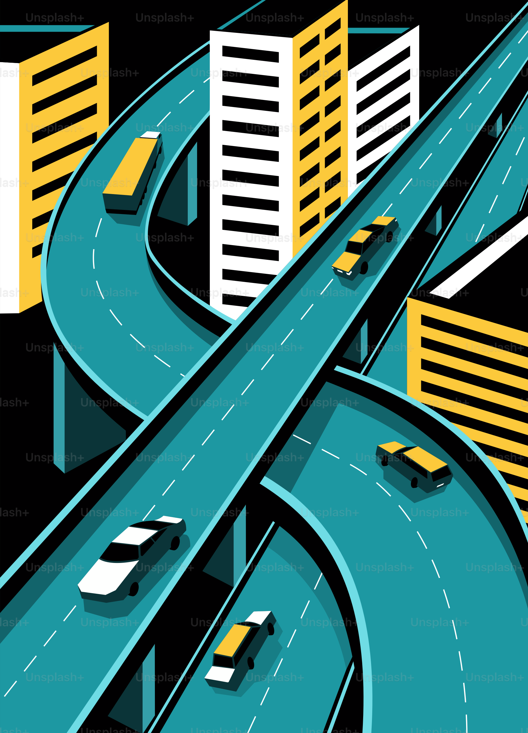 An illustration of a highway with cars on it