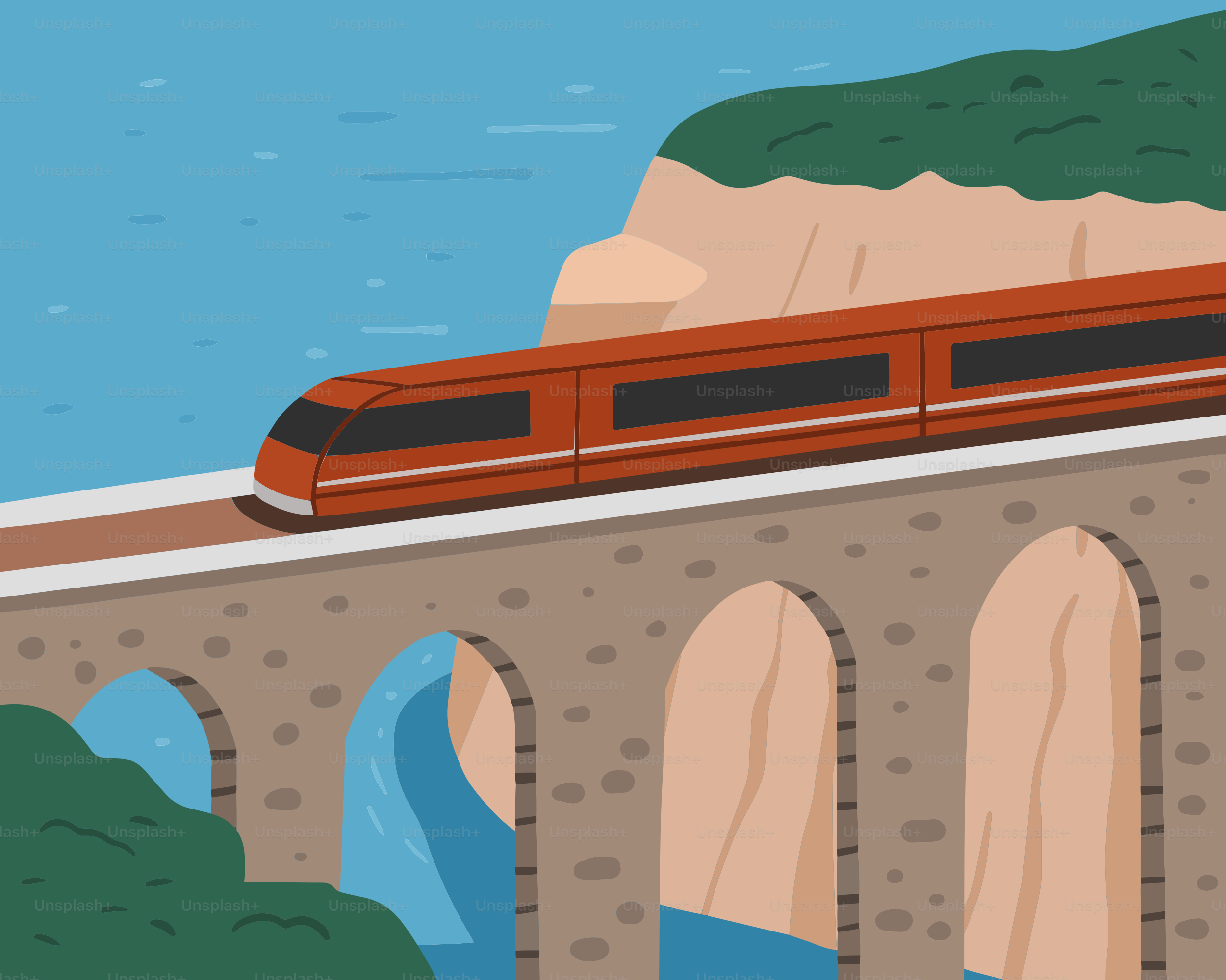 A red train traveling over a bridge over water